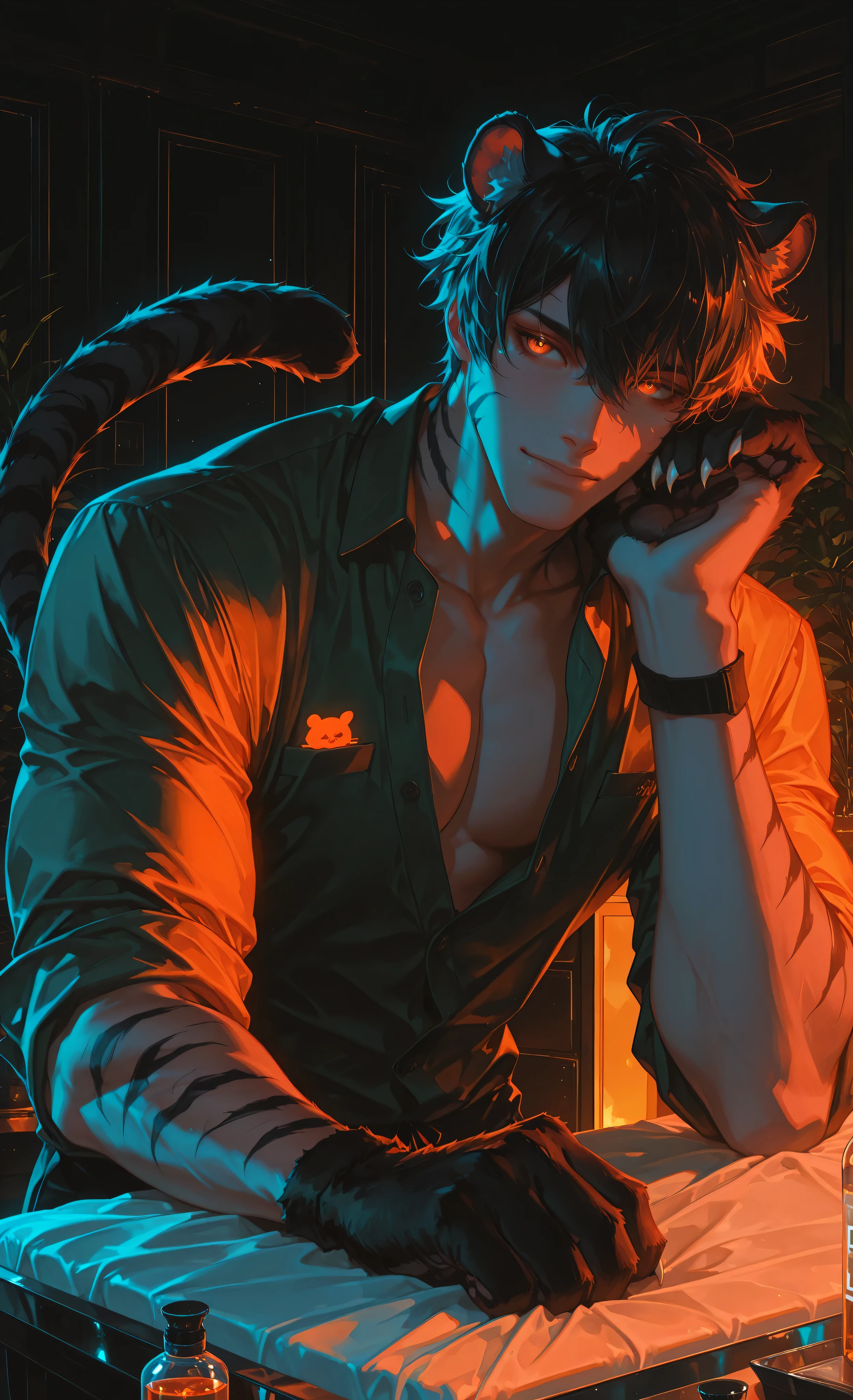 (neon aesthetic, neon colors, glowing, glow effect, vibrant colors, high contrast, fluorescent, luminescence, light effects, chromatic lighting, colorful lighting, bright outlines, neon lineart, dark background, digital art, kemonomimi_mode, animal_ears, no_human_ears, only_animal_ears,moody lighting, dramatic shadows, bloom lighting, colored shadows, masterpiece:1.3, 8k:1.3, Highest quality:1.3, detail:1.3, high resolution:1.3, digital painting, super detail, 1male, A manly face, rough facial features, hip-high frame) 1male, solo, muscular anthropomorphic tiger-man with completely human face, handsome blend of Asian and Caucasian features, strong jawline, athletic physique. Short tousled black hair with tiger ears on head. His arms end in detailed furry tiger paws with black stripes, sleek paw design without visible pads, sharp claws instead of human hands. Amber eyes, focused professional expression. **Standing beside a professional massage table with face cradle, white sheets, and adjustable headrest,** gesturing invitingly toward the table. Partially unbuttoned dark green massage uniform over defined chest. Wristband on arm. Distinctive black tiger stripes adorn neck and upper arms. Professional massage room: essential oil bottles, soft lighting, silk dividers, towels. Warm orange lighting casting dramatic shadows, accentuating physique. Style of Genshin Impact, anthropomorphic elements, detailed black fur texture, animal paws instead of hands, professional masseur, confident pose.