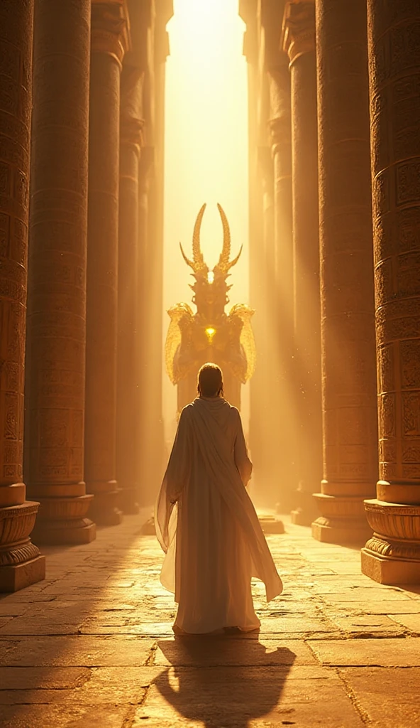 Ultra-realistic 3D render, 4K resolution, cinematic lighting, inside an ancient Egyptian temple, golden sunlight streaming through high windows, dust particles in the air, central figure in long flowing white robe facing a glowing statue of Anubis with majestic golden wings, intricate hieroglyphs on stone columns, realistic textures on stone and fabric, epic perspective from behind the figure, dramatic shadows, volumetric lighting, photorealistic details, cinematic composition, epic fantasy atmosphere