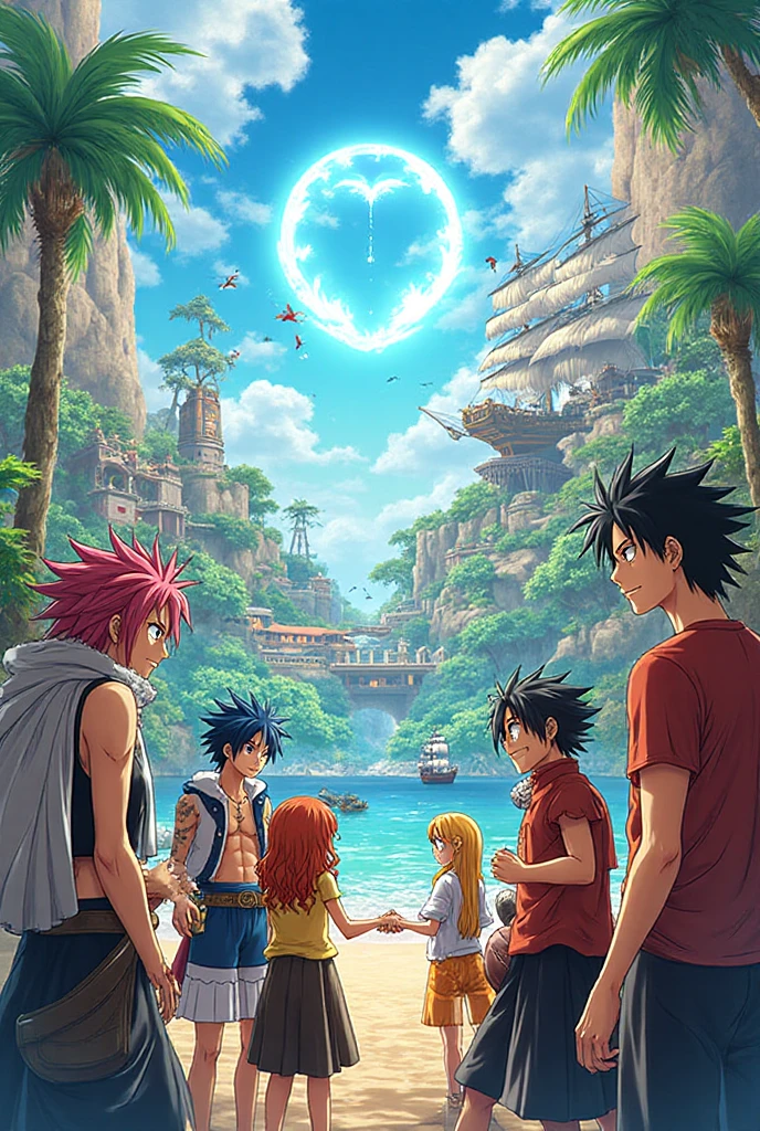 sleeve cape, boys and girls, manga style, beachfront, bikinis, having fun at sea, voleyball na beachfront
