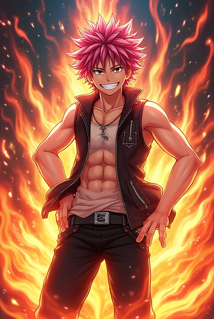 1boy, 20 year old, Natsu Dragneel smirking widely ((white scarf)). In trousers with a bulge, flexing his arms looking at the viewer. Big muscular proportionate arms and strong  and abs. Pink hair front view, detail detailed skin male skin