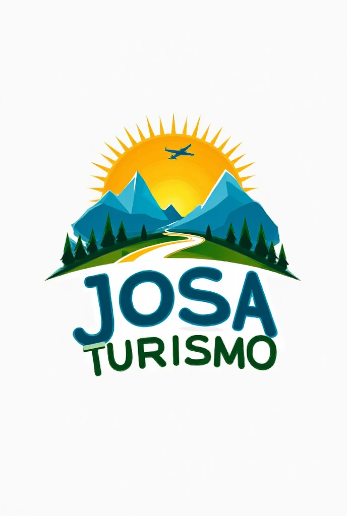 Professional logo for a tourism company called Josa Turismo. Fundo branco limpo, cores vivas em azul, verde e amarelo. A radiant sun behind stylized mountains, winding road leading to the horizon, a small plane flying above. The name 'JOSA' in large letters, modernas e azuis, and 'TURISMO' in green just below. Estilo simples, moderno e chamativo, perfect for stamping on a van.