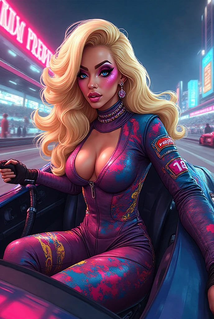 [jessa Rhodes], wearing a plunging neckline crop top, blonde hair styled in loose waves, analog style, woman, (thepit bimbo:1.2)), blue eyes, hoop earrings, detailed, skin texture, full lips, full body perspective, collar, pink jacket, centered, tan skin, looking at viewer, 8k, highly detailed, glossy, symmetric, realistic, photo-realistic, cleavage focus, pout, mini panties, studio lights, wide , glowing colors, glowing skin, cyberpunk,  enlargement, fingerless gloves, neon lights, black sleeves, belt chain, black boots, punk boots, platform boots, , 