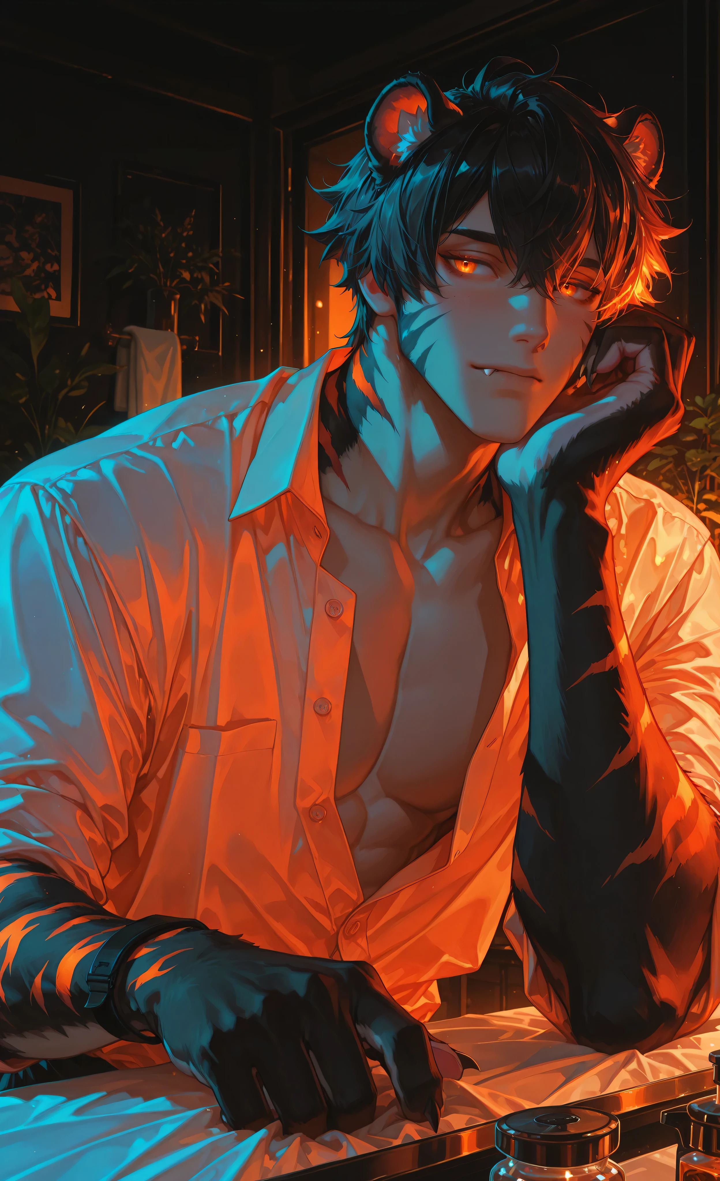 (neon aesthetic, neon colors, glowing, glow effect, vibrant colors, high contrast, fluorescent, luminescence, light effects, chromatic lighting, colorful lighting, bright outlines, neon lineart, dark background, digital art, kemonomimi_mode, animal_ears, no_human_ears, only_animal_ears,moody lighting, dramatic shadows, bloom lighting, colored shadows, masterpiece:1.3, 8k:1.3, Highest quality:1.3, detail:1.3, high resolution:1.3, digital painting, super detail, 1male, A manly face, rough facial features, hip-high frame) 1male, solo, muscular anthropomorphic tiger-man with completely human face, handsome blend of Asian and Caucasian features, strong jawline, athletic physique. Short tousled black hair with tiger ears on head. His arms end in detailed furry tiger paws with black stripes, sleek paw design without visible pads, sharp claws instead of human hands. Amber eyes, focused professional expression. **Standing beside a professional massage table with face cradle, white sheets, and adjustable headrest,** gesturing invitingly toward the table. Partially unbuttoned dark green massage uniform over defined chest. Wristband on arm. Distinctive black tiger stripes adorn neck and upper arms. Professional massage room: essential oil bottles, soft lighting, silk dividers, towels. Warm orange lighting casting dramatic shadows, accentuating physique. Style of Genshin Impact, anthropomorphic elements, detailed black fur texture, animal paws instead of hands, professional masseur, confident pose.