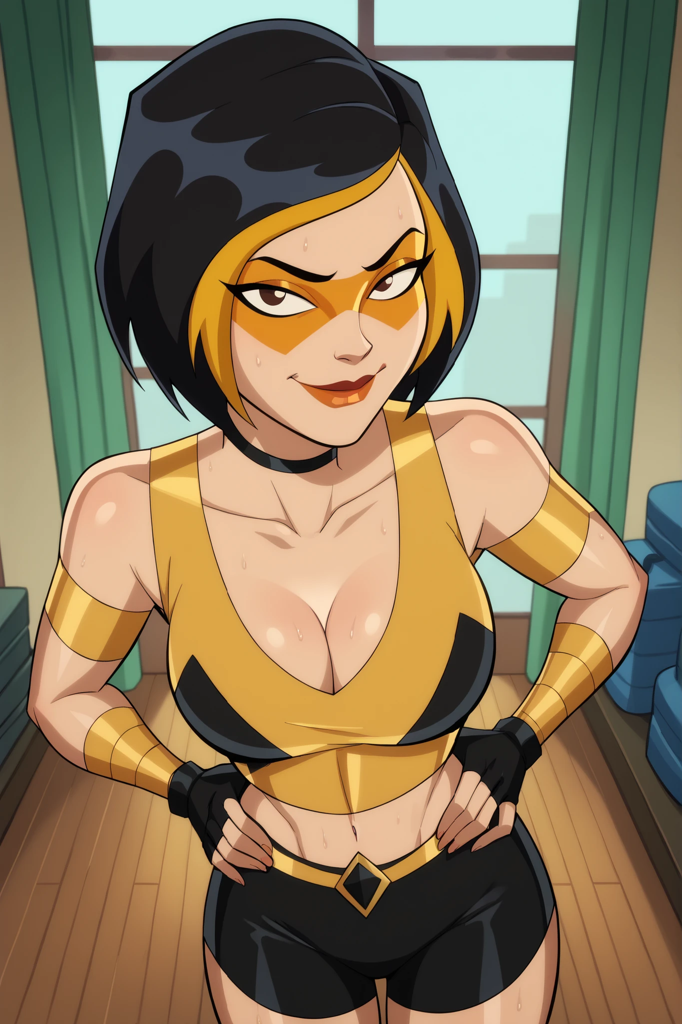 score_9, score_8_up, score_7_up, score_6_up BREAK, g0g1-dh, smiling, closed mouth, 1girl, solo, short hair, black hair, gold hair, multicolored hair, choker, domino mask, makeup, lipstick, looking at viewer, seducing viewer, teasing viewer, large breasts, cleavage, curvy, athletic, seductive expression, bedroom eyes, busty, gold sports bra, black gym shorts, black fingerless gloves, indoors, gym, standing, bare shoulders, high-angle view, gold eyeshadow, closeup, portrait, upper body, hands on waist, sweaty, sweat drops