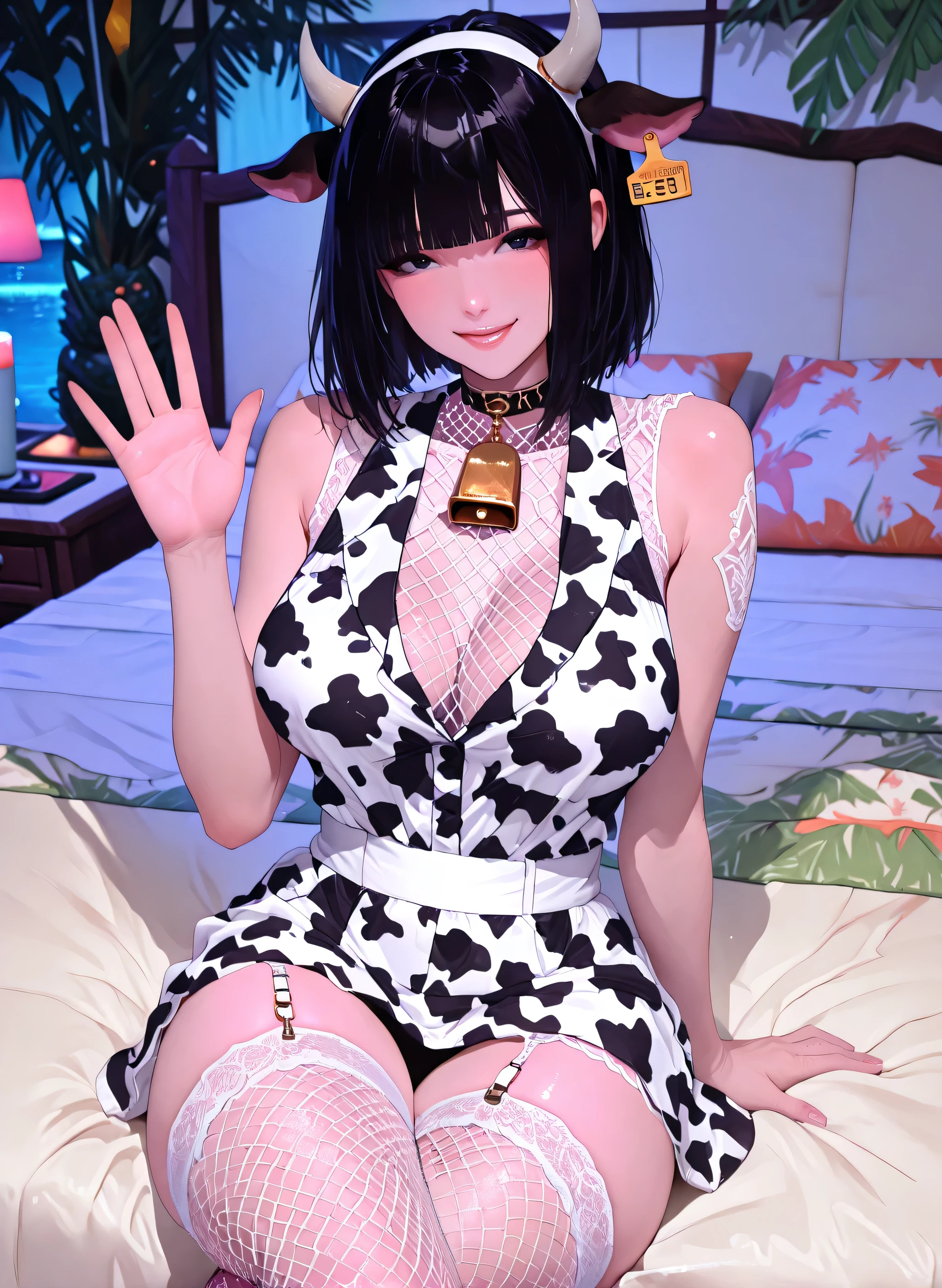 ox-ear headband and horn、My idol niece、choker and cowbell、popping smile、big boobs、(((((cow pattern sleeveless blouse)))))、white tight skirt、garter fishnet tights、thighs、((((tropical resort bed))))、black hair bob hair、Legs crossed at the edge of the bed、is waving a small hand