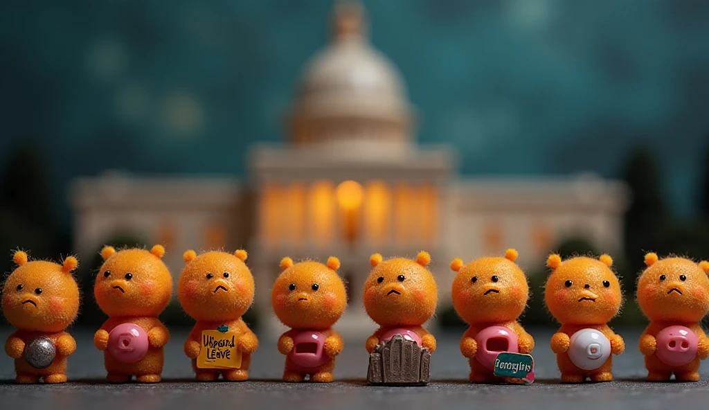 A line of worried small, cute, bright miniature humans with ...