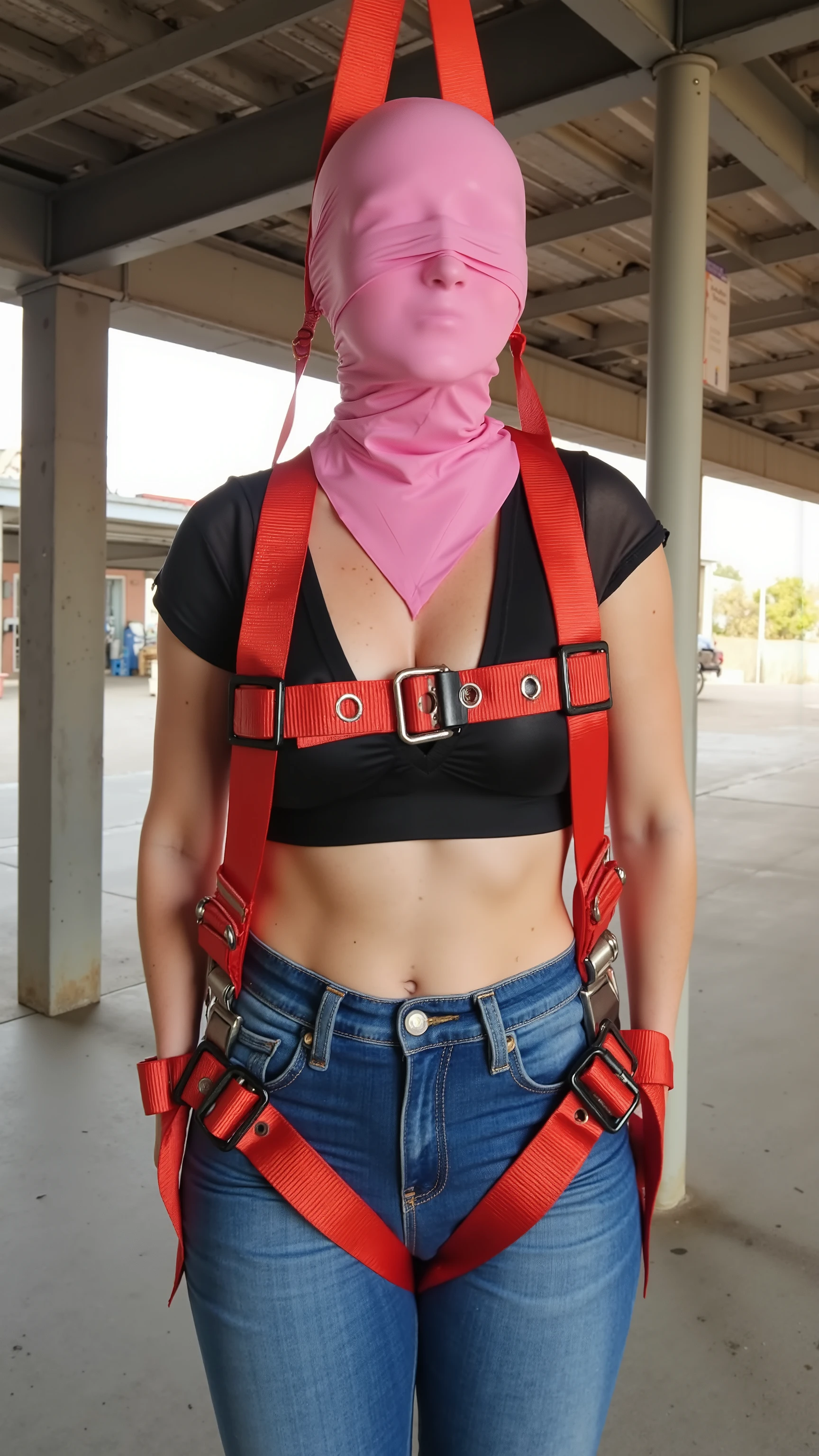 A woman is wearing a construction harness made of thick red (shiny latex: 1.7) the woman is suspended by the harness from rope in a warehouse, she wears blue denim pants that are shiny and rubber coated, her legs and arms are restrained by plastic wrap around her body, her face is covered by a pink latex head covering that leaves her nose and mouth available for air and food, she cannot see through the headwear, the sun is setting through the windows