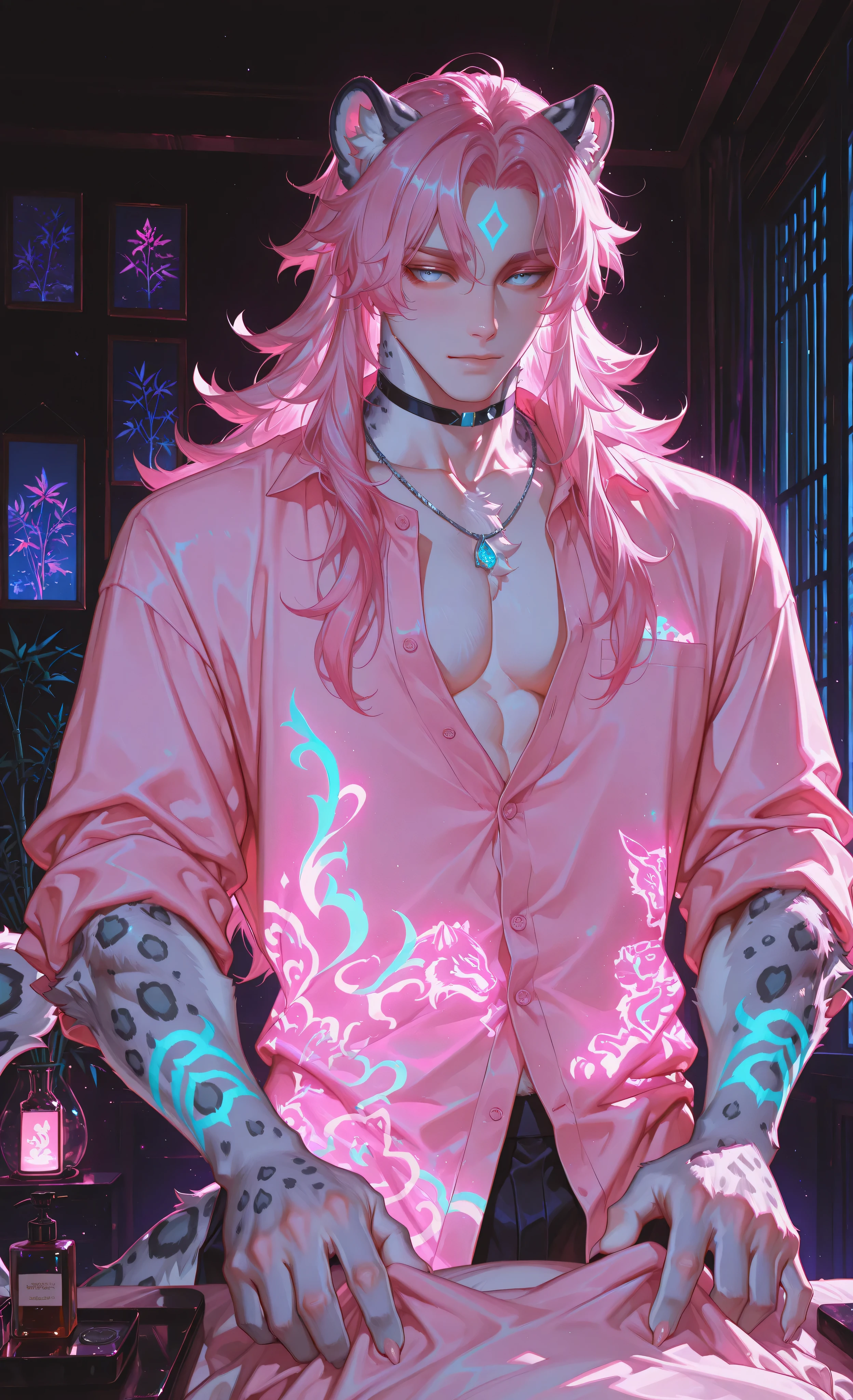 (neon aesthetic, neon colors, glowing, glow effect, vibrant colors, high contrast, fluorescent, luminescence, light effects, chromatic lighting, colorful lighting, bright outlines, neon lineart, dark background, digital art, kemonomimi_mode, animal_ears, no_human_ears, only_animal_ears,moody lighting, dramatic shadows, bloom lighting, colored shadows,masterpiece:1.3, 8k:1.3, Highest quality:1.3, detail:1.3, high resolution:1.3, digital painting, super detail, 1male, A manly face, rough facial features, hip-high frame)1male, solo, handsome young man with completely human face, masculine features, strong jawline, muscular athletic physique. He has snow leopard ears with spotted pattern on his head. His arms transform into full snow leopard forepaws with thick fur, sleek paw design without visible pads, and retracted claws, no human hands. White flowing hair, piercing bright blue eyes. Body covered in tattoos with neon pink and purple shimmer. **Wearing a professional white massage therapist shirt, partially unbuttoned to reveal some chest, sleeves rolled up to accommodate his paws.** Black choker, silver necklace with turquoise pendant visible. Focused professional expression. Standing professionally beside a modern massage table, preparing massage oils with his snow leopard paws. Massage parlor setting: dimly lit room with professional massage equipment, aromatic oil diffuser, silk screens, bamboo elements, soft ambient lighting. Bright neon backlighting (pink, purple) from window signs casting soft shadows, highlighting neon tattoos through the fabric. Style of Genshin Impact and furry art, anthropomorphic elements, detailed fur texture white, animal paws instead of hands, professional masseur, luxury spa atmosphere.