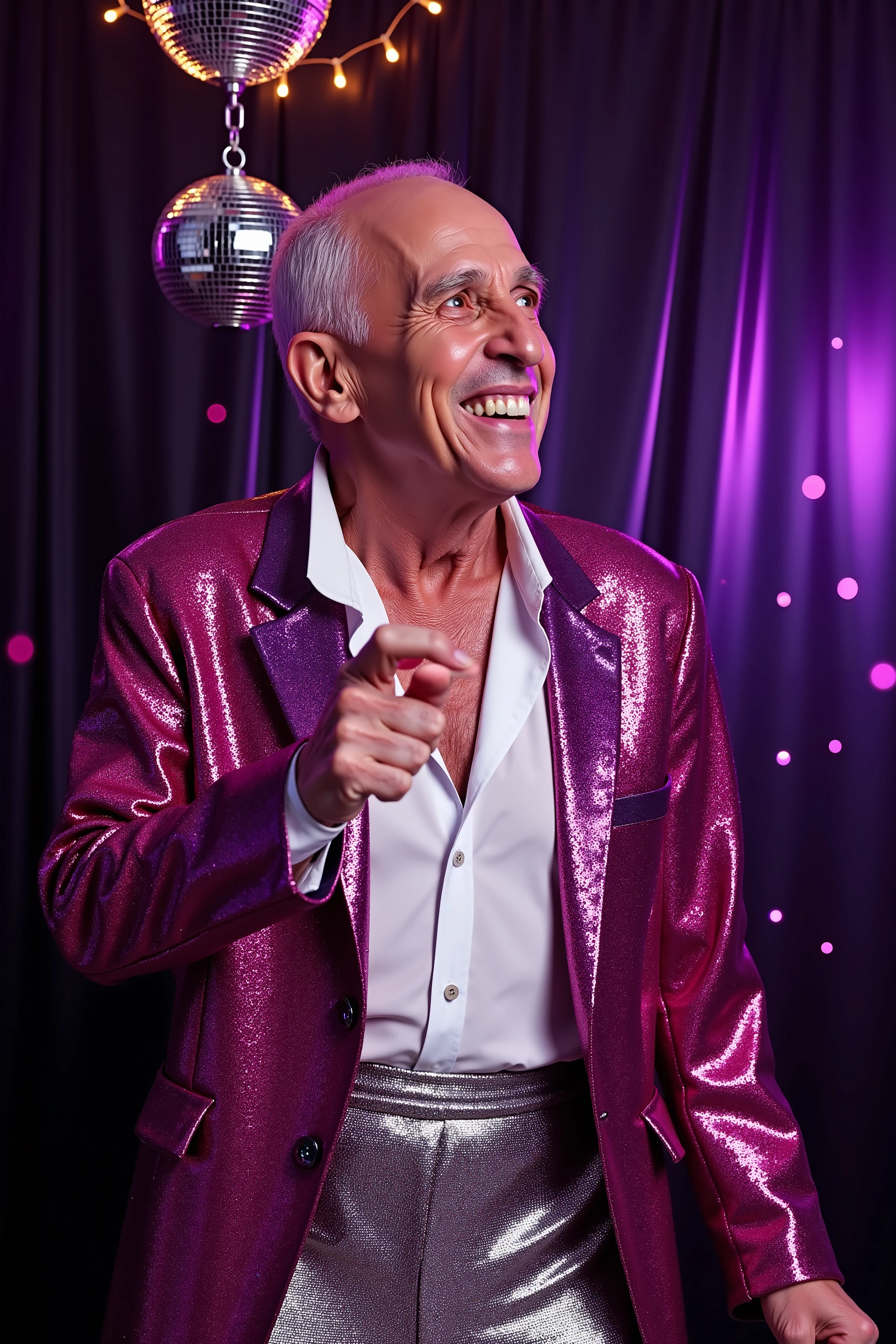 a 78 year old man wearing a pink and purple sequin blazer jacket, wearing shiny silver sequin pants, dancing in a night club, disco ball above his head hanging on a chain, sweaty neck, white shirt with droplets of sweat