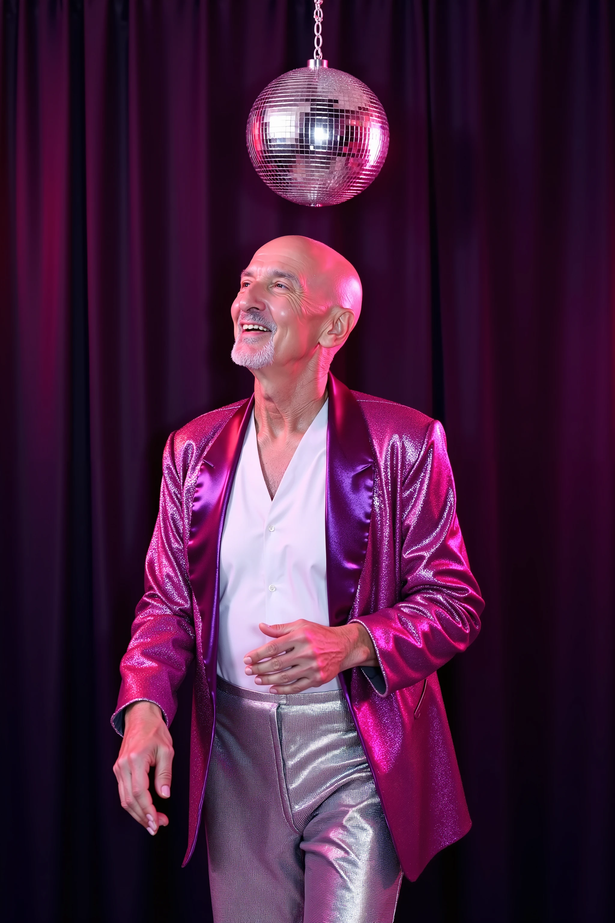 a 78 year old man wearing a pink and purple sequin blazer jacket, wearing shiny silver sequin pants, dancing in a night club, disco ball above his head hanging on a chain, sweaty neck, white shirt with droplets of sweat