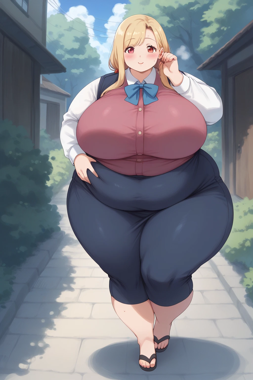 masterpiece:1.2, best quality, highly detailed eyelash:1.6, highly detailed eyes, sharp details, high contrast, chubby, [[overweight]], [thick body], massive ???????, milfy face, Anatomical, Award-winning concept art, fine details, ultra detailed, masterpiece, best quality, 1girl, full body, volumetric lighting, dynamic angle, very detailed background, side view, kemono, furry, very fuzzy, furry ???????, (((Chocolate Brown fur))), (((bald))), Dark Brown fur on face, (((long bear snout))), (long snout), fur tufts on ???????, fur tufts on legs, fur tufts, scruffy, very cuddly, ((Bear)), ((Small circular Bear Tail)), Round Bear Ears, Bear Kemono, 1 chubby shy bear kemono standing outside in a tight sweater and leggings, Shy, nervous expression, Gray eyes, Soft eyes, detailed face and eyes, ????????????????, full body, Dynamic Angle, Looking at viewer, volumetric lighting, outside, city streets, golden hour, leaning against wall, (Tight T Shirt), cleavage, fully clothed, yoga pants, [[gigantic]], [delicious tummy]