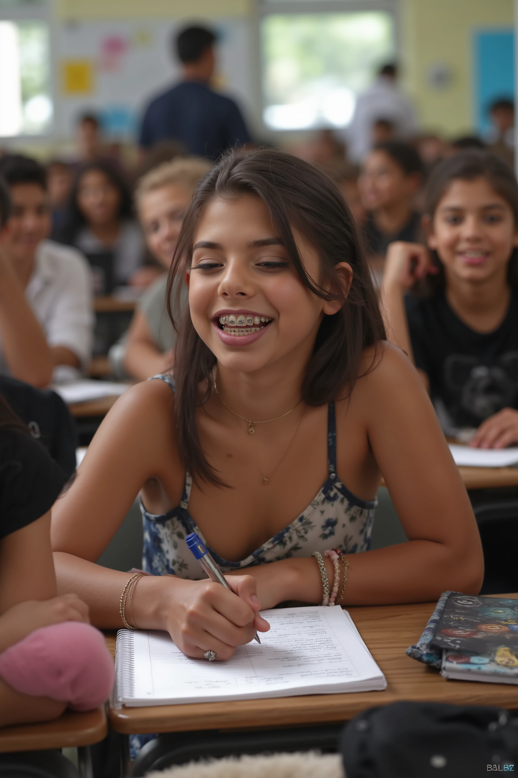 a highschool student is writting on paper, wearing tank top, smile, braces. jewelry,accessories, in crowded classroom , sitting at her desk