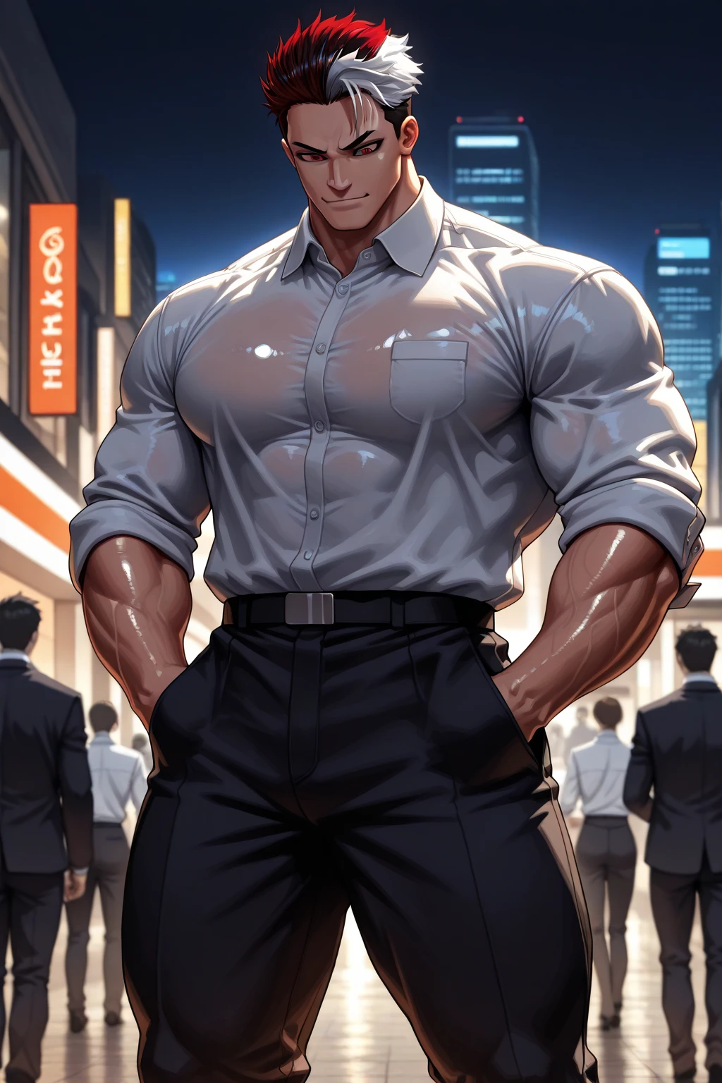 Elderly man, muscular body with gray hair, handsome masculine face, blue eyes, very short white hair in a pompadour, evil smile, wicked expression, huge biceps, huge hairy , huge thighs, huge bulge in the . He is wearing a black suit with a navy blue tie, black dress pants, black shoes, silver watch on his wrist and is standing inside an office.