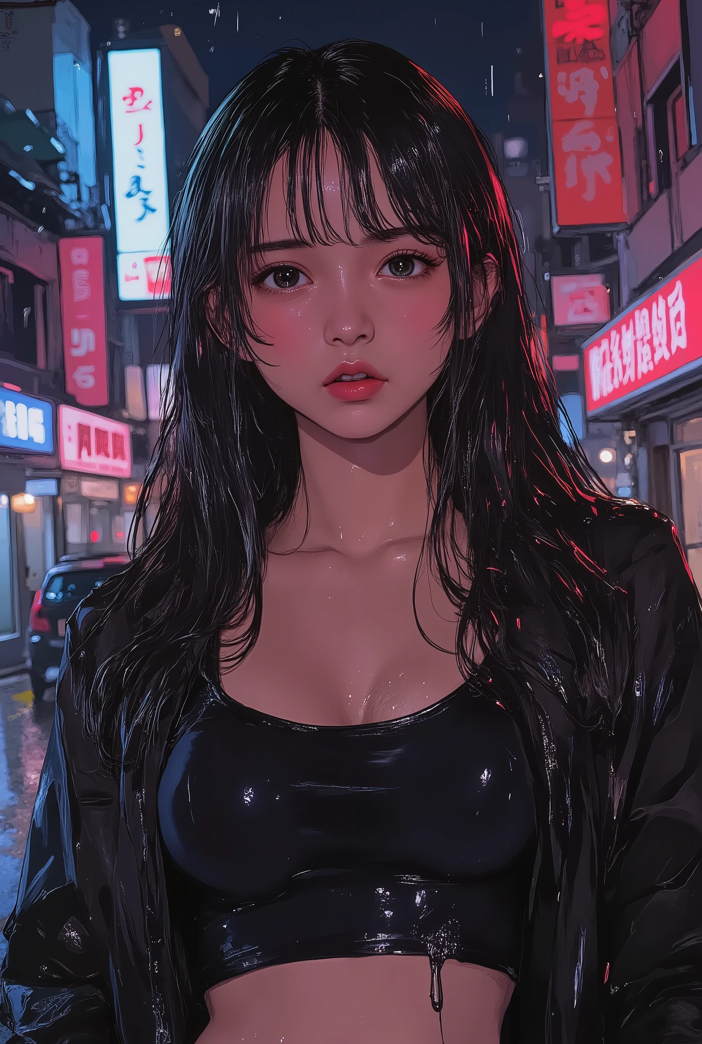 realistic and photorealistic illustration of a very beautiful and photogenic Asian woman standing in a rainy city at night, with medium breasts, a small, toned figure, wet hair falling on her face, a soaked casual crop top, a bright iris pattern, hands on hips, Tilting the head upwards, full body photo, low angle photo, urban night view, Provocador, strong neon lights, paleta de dois tons,