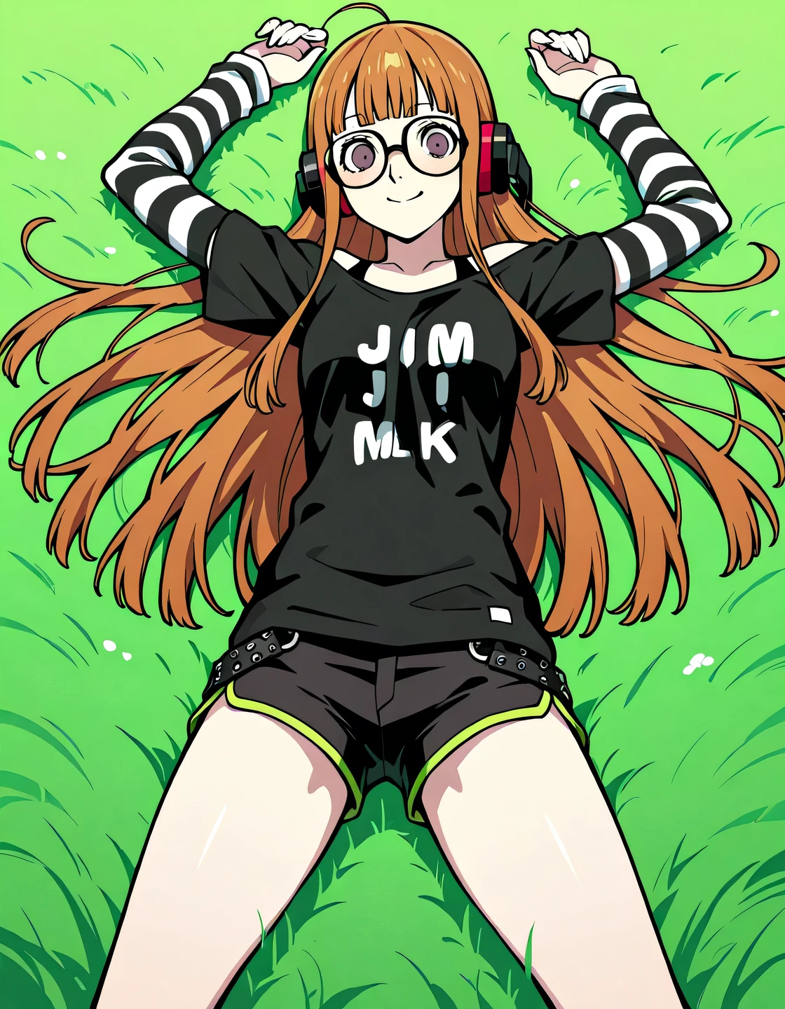 p5futaba, sakura futaba, long hair, glasses, blunt bangs, orange hair, ahoge, p5futaba-lounge, black shirt, striped sleeves, behind-the-head headphones, jlmk!, black shorts, short shorts, shiny skin, high quality, solo, lying, on back, arms up, legs apart, closed mouth, on grass, cowboy shot, smile, looking at viewer, best quality