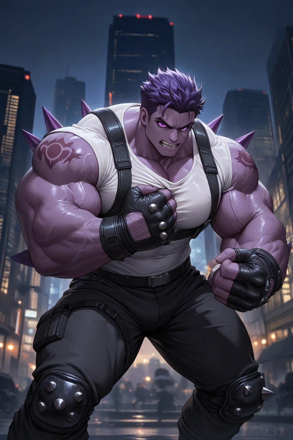 ((((Massive, beautiful, buff, muscular pale white skinned female ninja with violet purple hair, black lipstick, ginormous bulky muscles, holding a violet purple fire sword and wearing a purple cybernetic ninja armor with pants)))), (close view), black eyeliner, massive muscles, large breast, massive biceps, hyper muscle triceps, (long hair with long bangs), black eyes, mask, ninja boots, In a futuristic city, steel ninja armor, nighttime, closed smile, hyper muscles arms, hyper muscle legs, ginormous arms