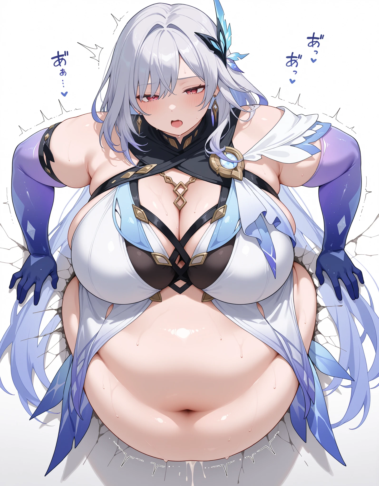 bloated belly,obese,fat,plump,WeightObese,最高解像度,最高品質,傑作,((((white background)))),genshin,skirk,(1girl),stuck,moaning,(through wall),orgasm,costume,big breasts,half-closed eyes,sexual meanings,かわいい,((こちらを見る)),upper body,顔を赤らめる,シンプルな背景