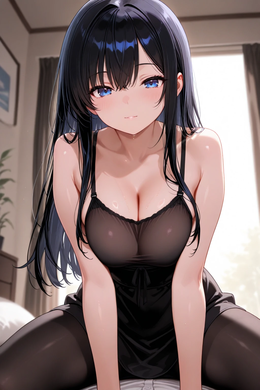 1girl, leaning forward, loose t-shirt, cleavage