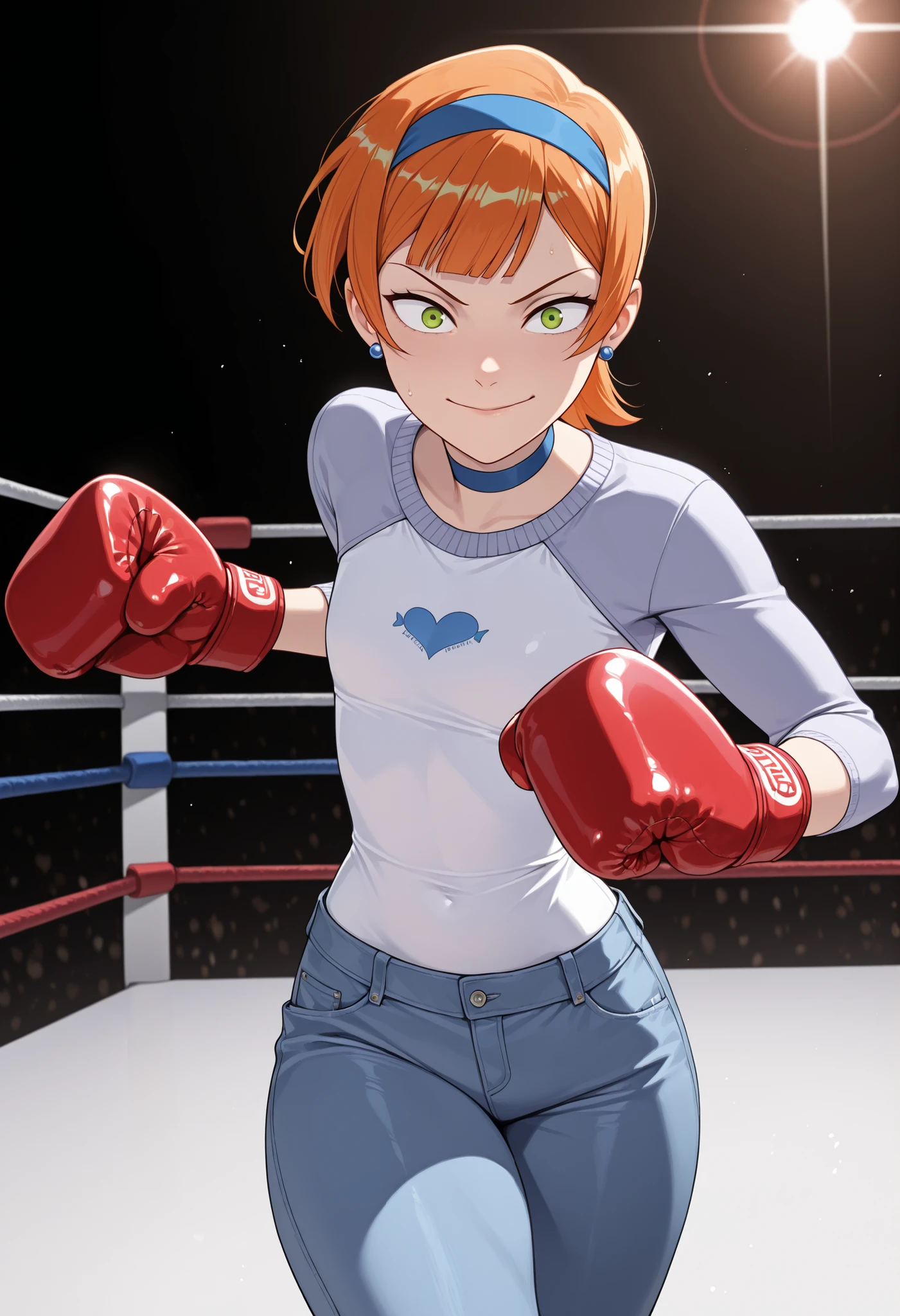 Gwen Tennyson . ginger . short hair . green eyes . flat breasts, flat chest, huge hips . slim body . choker . | Female boxer in a boxing ring. Wearing sweater and jeans.Wearing boxing gloves. lensflare, hairband, blunt bangs, (curvy) and (fit:1.3) body, 1 girl, Beautiful Nose,Beautiful character design, perfect eyes, perfect face,expressive eyes,perfect balance, (Focus on her face),closed mouth, (innocent_big_eyes:1.0),(Light_Smile:0.3),perfect lighting,Colorful, Bright_Front_face_Lighting, (masterpiece:1.0),(best_quality:1.0), ultra high res,4K,ultra-detailed, photography, 8K, HDR, highres, absurdres:1.2, Kodak portra 400, (vibrant_color:1.2),professional photograph,  ((large thighs)), (beautiful_face:1.5),(narrow_waist),(intense face), ((((running)))) ((fighting stance))
