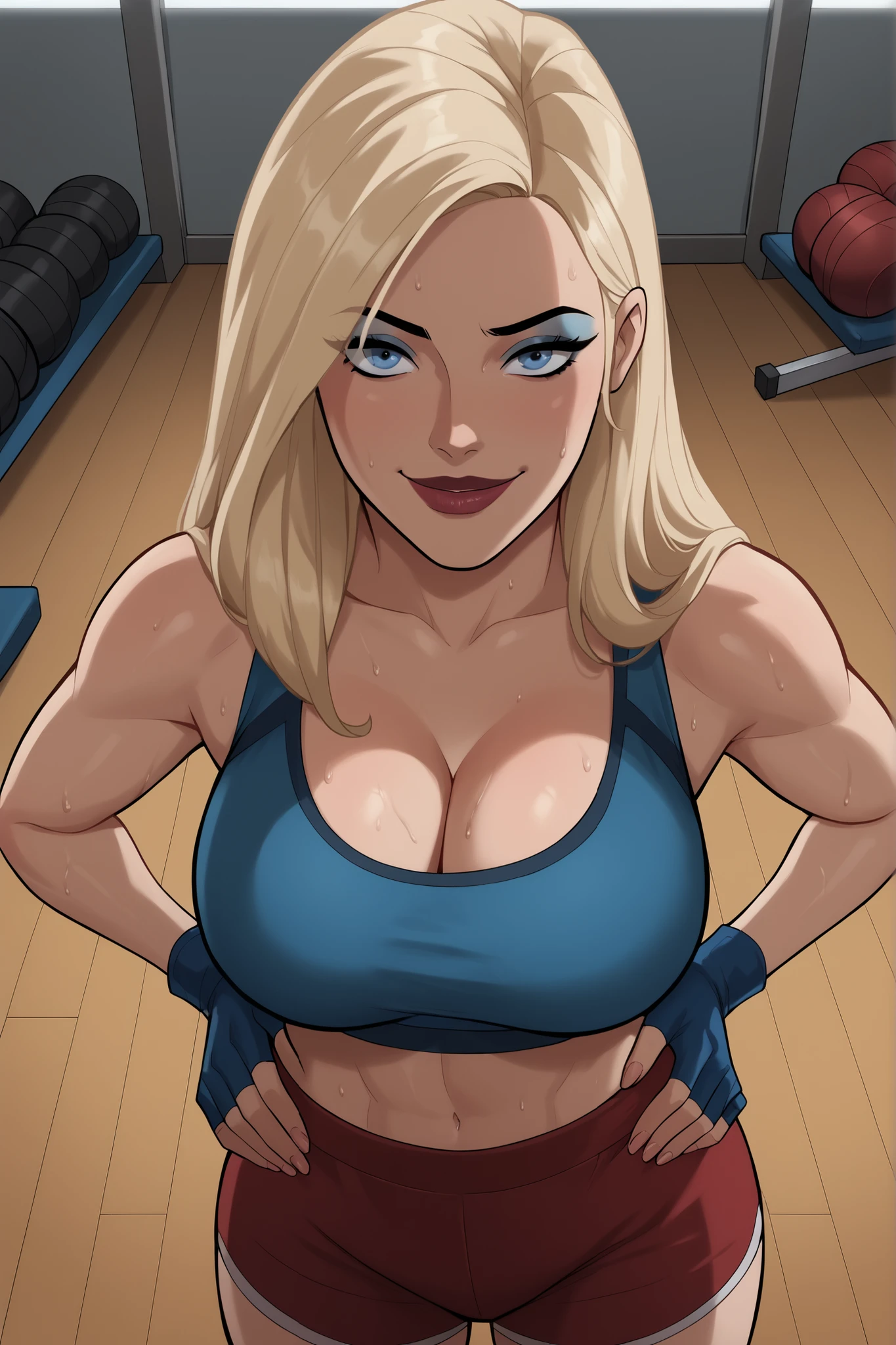 BREAK, safe_pos, score_6_up, score_7_up, score_8_up, score_9, 1girl, solo, blonde hair, long hair, blue eyes, large breasts, smile, closed mouth, makeup, lipstick, looking at viewer, cleavage, curvy, athletic, seductive expression, seducing viewer, teasing viewer, bedroom eyes, indoors, gym, busty, blue sports bra, red gym shorts, blue fingerless gloves, standing, high-angle view, blue eyeshadow, closeup, portrait, upper body, muscular, hands on waist, sweaty, sweat drops
