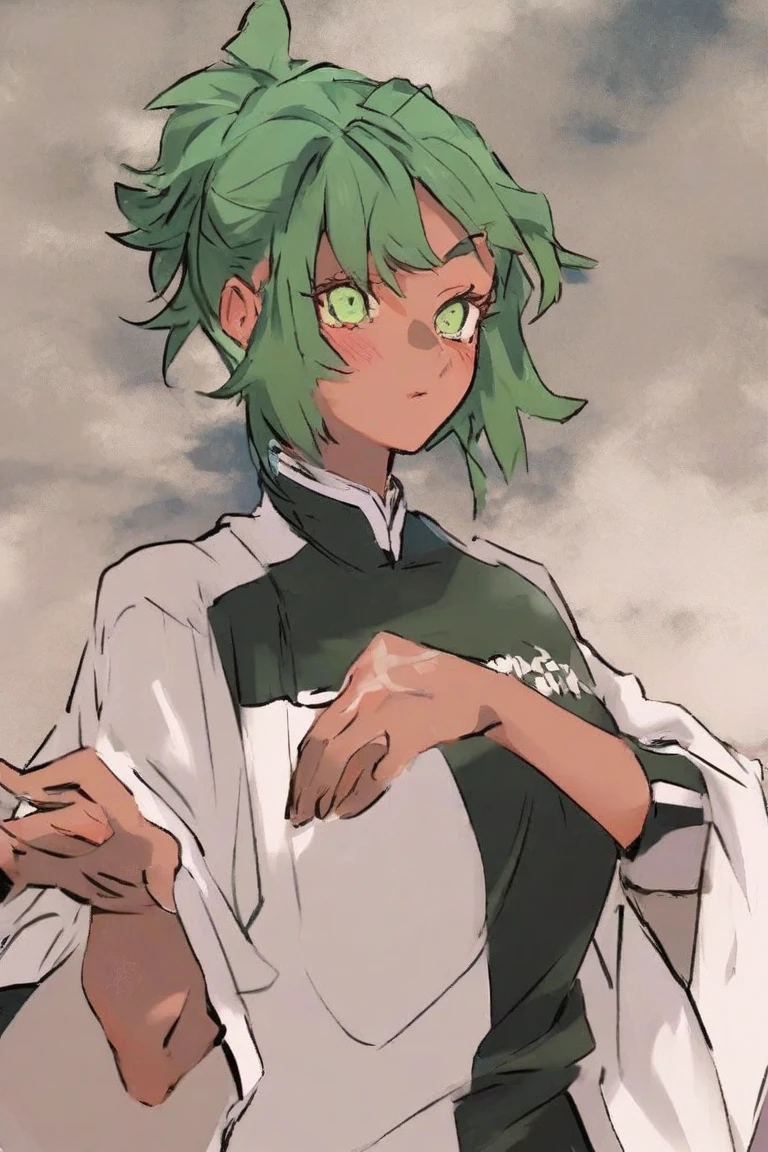 <lora:Menchi_Hunter_x_Hunter:1>, menchi, green hair, upper body, arms crossed, score_9, score_8_up, score_7_up, score_6_up, score_5_up