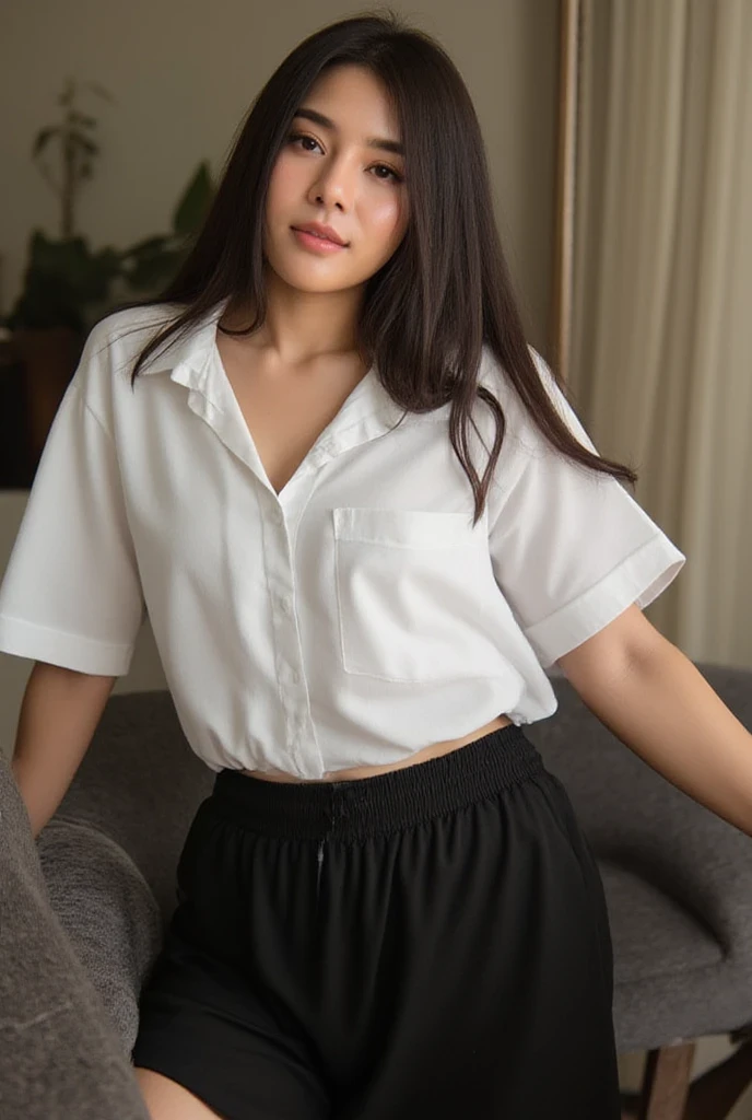 masterpiece, The best quality, ultra-high resolution, High detail photo, 8K Unit Wallpaper, extremely detailed CG:1.2), depth of field, bokeh, (photo RAW:1.realistic photography:1.4), (1girl:1.5), young, physically based representation, beautiful, (Cara finamente detallada:1.4, detailed clothing), (Detailed:1.4) BREAK Beautiful face, depth of field, Add layer, hyperrealistic, 27 years old, Modelo de cuerpo perfecto, breasts, 175cm tall, sexy pose, full body, full body, Model body type, BREAK (
A thin white shirt with buttons that reveal black underwear, black pleated skirt:1.3), (cabello largo:1.2), double eyelid BREAK (living room:1.2), laying on the sofa