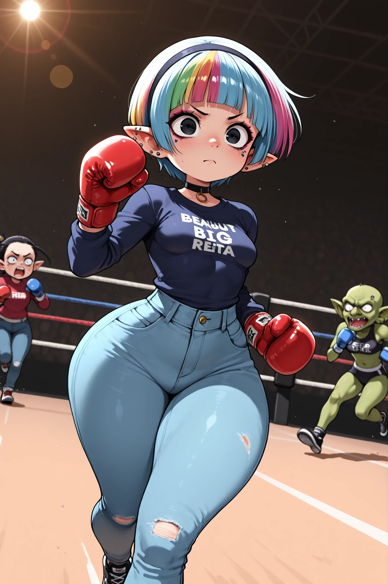 female punk, random colors hair, black eye , facial piercings, eye makeup, small breasts, meduim hips, (goblin femboy:1.0) (shortstack:1.0) (green skin:1.0) (pointy ears:1.0) (wide hips:1.0) boy. crossdressing, femboy. huge hips, very short hair. Bouffant. femboy. choker.| Female boxer in a boxing ring. Wearing sweater and jeans.Wearing boxing gloves. lensflare, hairband, blunt bangs, (curvy) and (fit:1.3) body, 1 girl, Beautiful Nose,Beautiful character design, perfect eyes, perfect face,expressive eyes,perfect balance, (Focus on her face),closed mouth, (innocent_big_eyes:1.0),(Light_Smile:0.3),perfect lighting,Colorful, Bright_Front_face_Lighting, (masterpiece:1.0),(best_quality:1.0), ultra high res,4K,ultra-detailed, photography, 8K, HDR, highres, absurdres:1.2, Kodak portra 400, (vibrant_color:1.2),professional photograph, ((large thighs)), (beautiful_face:1.5),(narrow_waist),(intense face), ((((running)))) ((fighting stance))