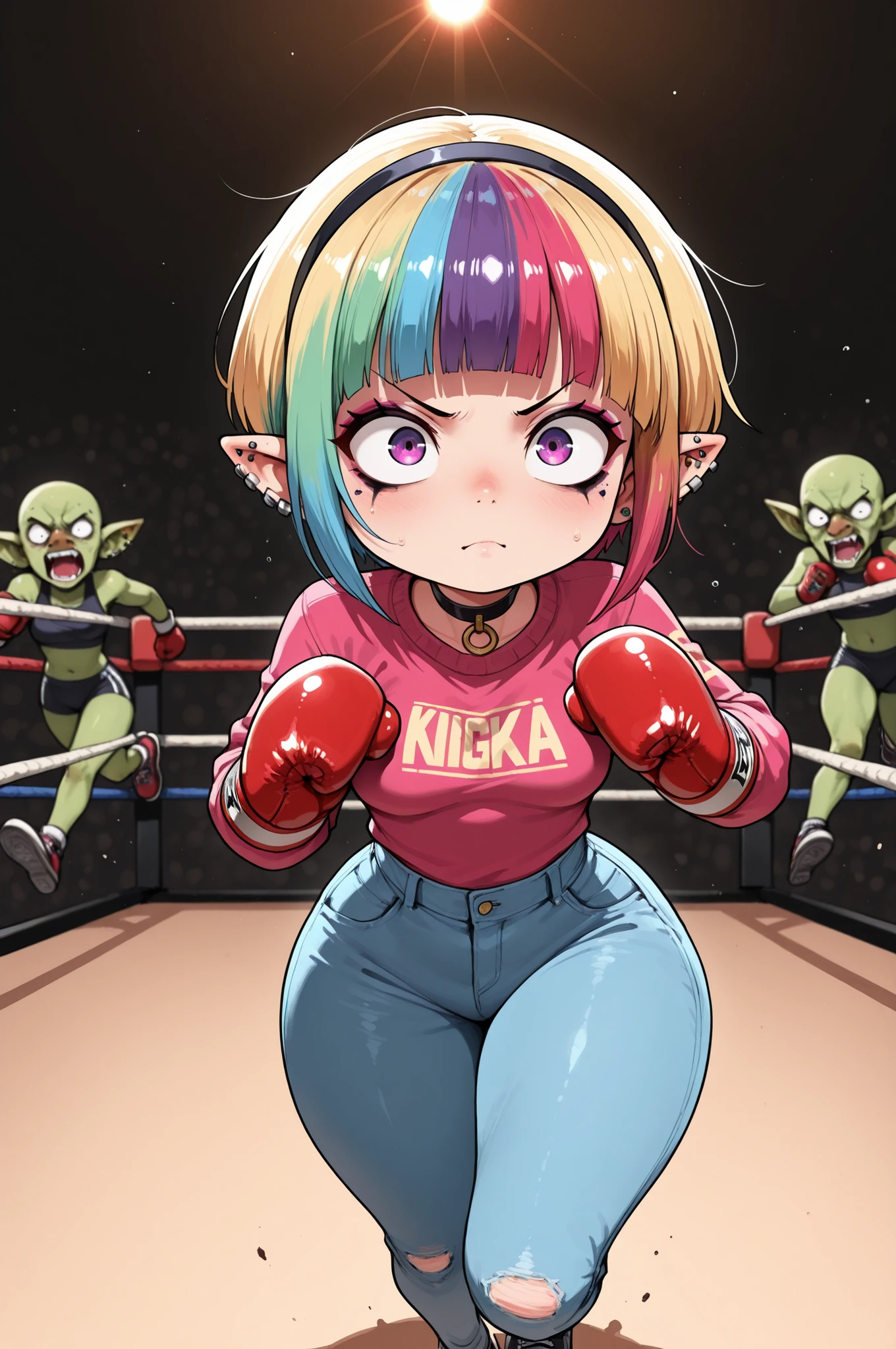 female punk, random colors hair, black eye , facial piercings, eye makeup, small breasts, meduim hips, (goblin femboy:1.0) (shortstack:1.0) (green skin:1.0) (pointy ears:1.0) (wide hips:1.0) boy. crossdressing, femboy. huge hips, very short hair. Bouffant. femboy. choker.| Female boxer in a boxing ring. Wearing sweater and jeans.Wearing boxing gloves. lensflare, hairband, blunt bangs, (curvy) and (fit:1.3) body, 1 girl, Beautiful Nose,Beautiful character design, perfect eyes, perfect face,expressive eyes,perfect balance, (Focus on her face),closed mouth, (innocent_big_eyes:1.0),(Light_Smile:0.3),perfect lighting,Colorful, Bright_Front_face_Lighting, (masterpiece:1.0),(best_quality:1.0), ultra high res,4K,ultra-detailed, photography, 8K, HDR, highres, absurdres:1.2, Kodak portra 400, (vibrant_color:1.2),professional photograph, ((large thighs)), (beautiful_face:1.5),(narrow_waist),(intense face), ((((running)))) ((fighting stance))