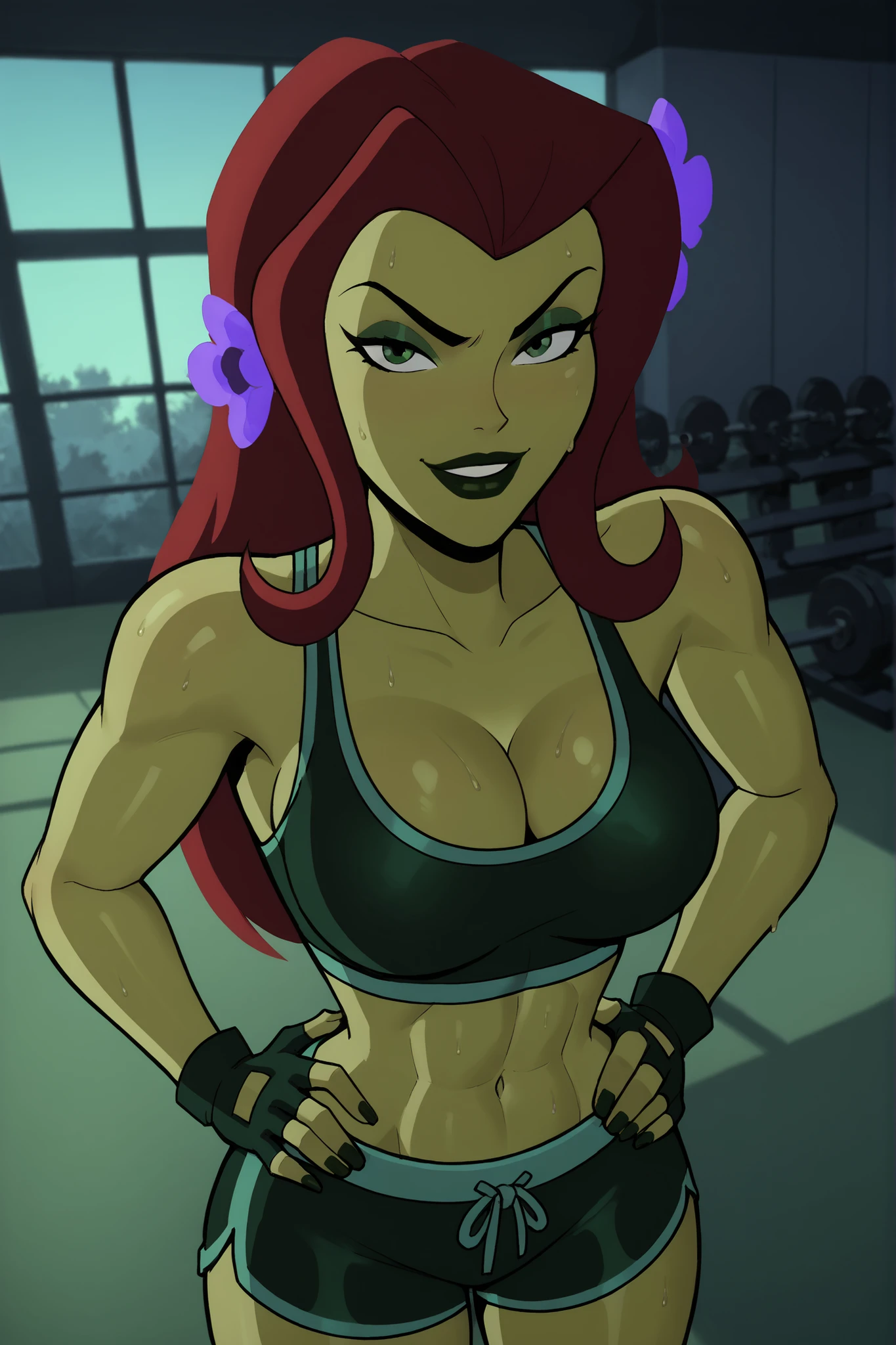 2d, score_9, score_8_up, score_7_up, score_6_up, flower, BREAK, 1girl, solo, standing, red hair, PIVYbatb, green skin, cleavage, curvy, athletic, makeup, smile, closed mouth, , long hair, black lips, hair ornament, expression, bedroom eyes, looking at viewer, seducing viewer, teasing viewer, busty, dark green sports bra, dark green gym shorts, dark green fingerless gloves, indoors, gym, standing, high-angle view, dark green eyeshadow, closeup, portrait, upper body, hands on waist, sweaty, sweat drops