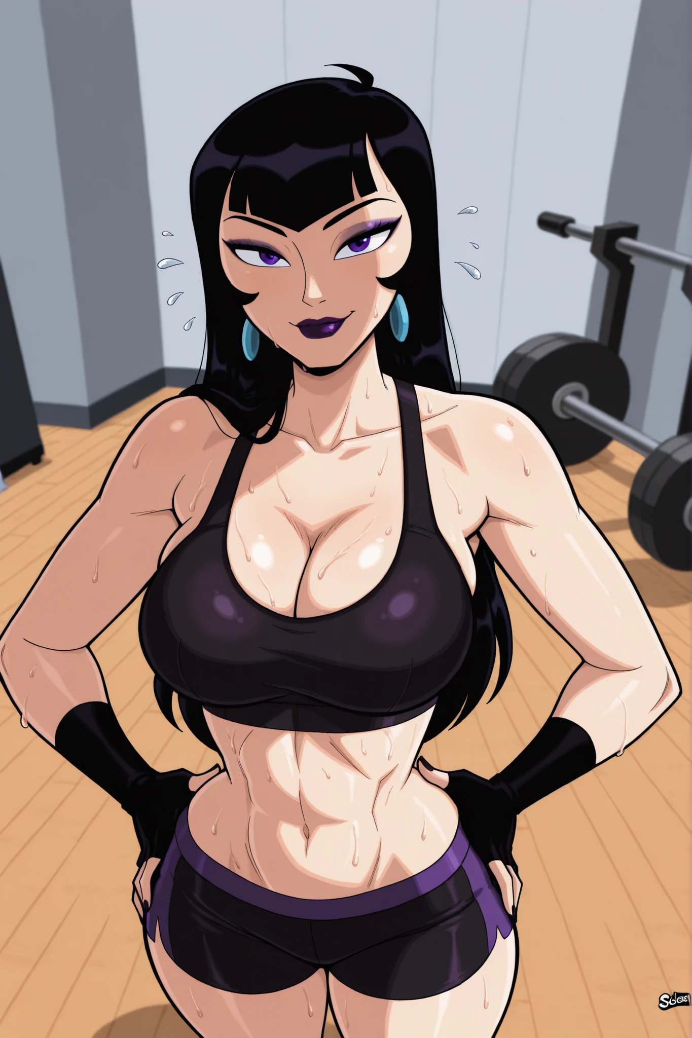 BREAK, score_6_up, score_7_up, score_8_up, score_9, 1girl, solo, long hair, purple eyes, black hair, earrings, makeup, lipstick, t4lb4ld4nd, , busty, cleavage, curvy, athletic, looking at viewer, seducing viewer, teasing viewer, expression, smiling, closed mouth, bedroom eyes, black sports bra, black gym shorts, black fingerless gloves, indoors, gym, standing, closeup, portrait, upper body, high-angle view, purple eyeshadow, hands on waist, sweaty, sweat drops
