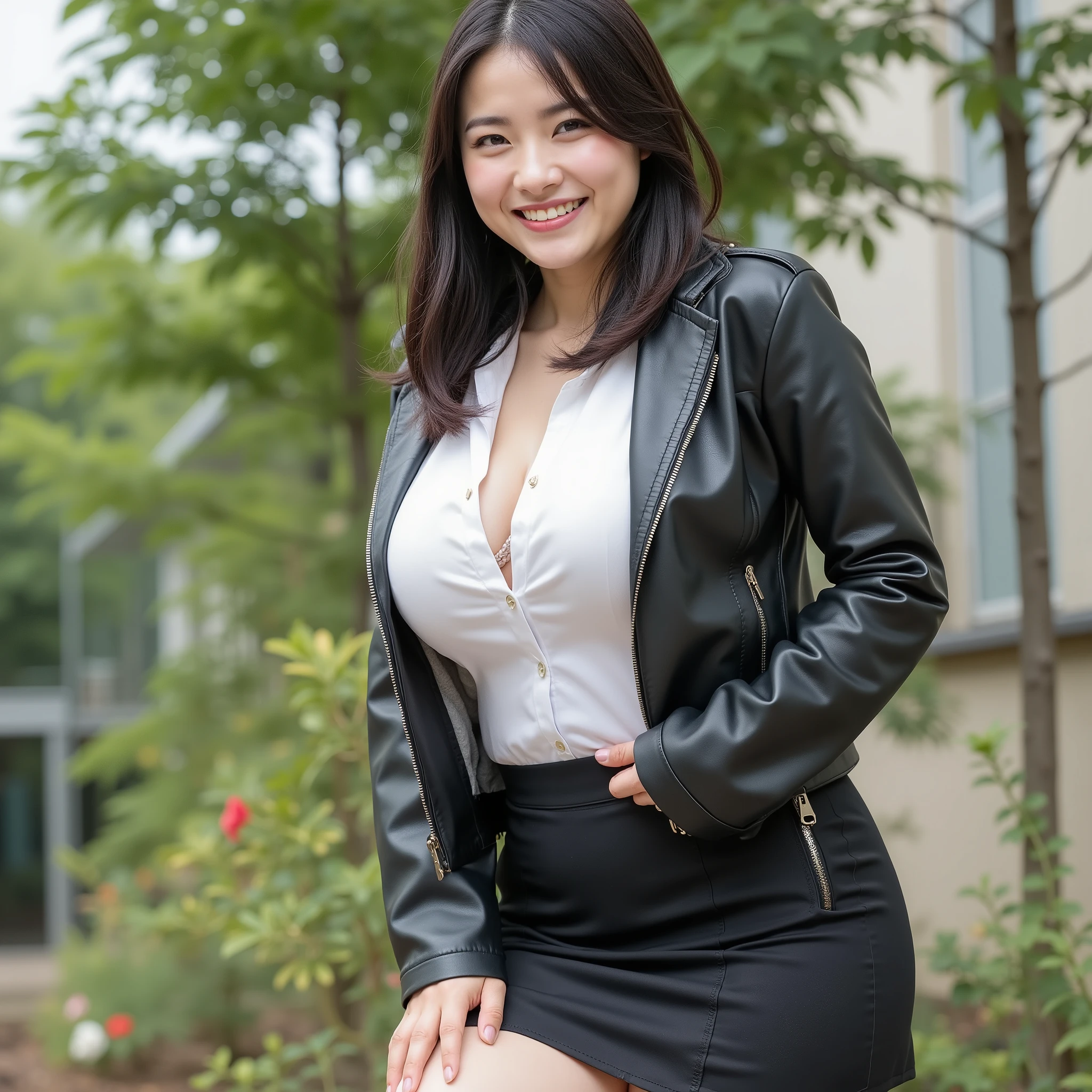 『 one girl:1 . 3』『 live-action:1 . 3』Highest Quality:1 . 2、(( big boobs ))、  slight cleavage  、(( young woman with her hands crotched))、(( Red cheeks))(( laughing))、((( anatomically correct 、 perfect anatomy 、 anatomically correct指)))bust up shot、(I can see my chest through the cleavage of my white shirt)、(8k、 RAW pictures、 Highest Quality、 masterpiece:1 . 2)、(real、real)、 one girl、(( miniskirt 、 necktie、 medium hair 、black、thin legs、Full Body、 boots、blackイブレザー、 dress、  school garden 、 Front Map、 staring at the camera、belt、 hips wearing a cloth bra))、