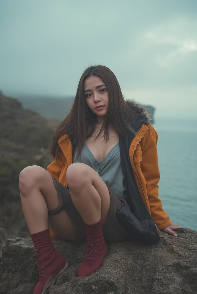 chrrblssm (sharp focus:1.2), photo, attractive young woman, (beautiful face:1.1), detailed eyes, luscious lips, (smokey eye makeup:0.85), wearing (fur coat:1.2) on a (cliffside:1.2). (moody lighting:1.2), depth of field, bokeh, 4K, HDR. by (James C. Christensen:1.2|Jeremy Lipking:1.1).