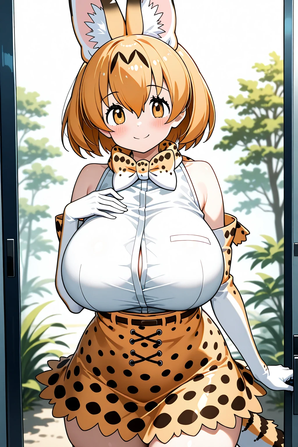 serval (kemono friends), huge breasts, cowboy shot