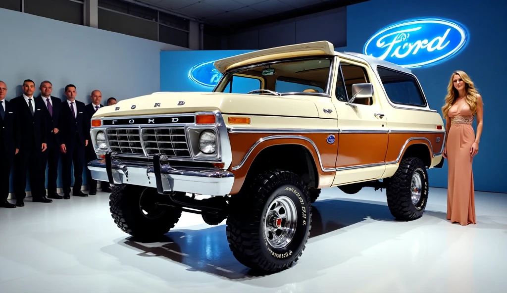 "A classic Ford Bronco SUV, vintage model, cream and brown two-tone color, lifted with big off-road tires, displayed in a modern Ford showroom with a glowing Ford logo on the wall. The vehicle is positioned at a front-left side view. On the left side of the car, a group of men in formal black suits with ties are standing together, and on the right side, a woman in a long elegant dress with wavy blonde hair is posing. Bright showroom lighting, glossy white floor, clean professional environment. Same colors, same model, same showroom atmosphere