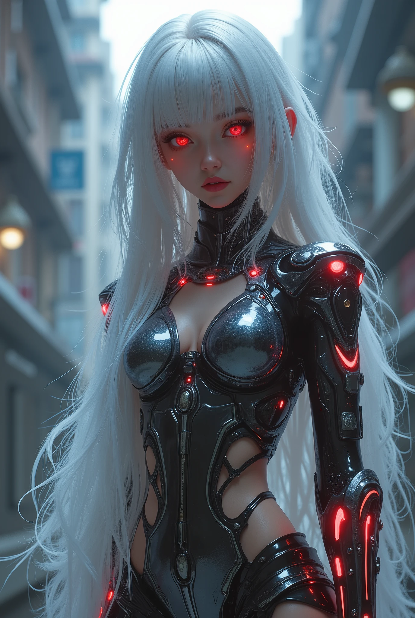 (masterpiece:1.2),(very detailed),(stick),8k,32k,Wallpaper, beautiful female cyborg , full body , Psychedelic ,Vector Art,Layered Textures,progressive,Popular,sf,Cyberpunk,live-action,real,Cyberpunk都市,beautiful long shiny white hair,Shiny Bodysuit,red glowing eyes,Super Sexy:2.0