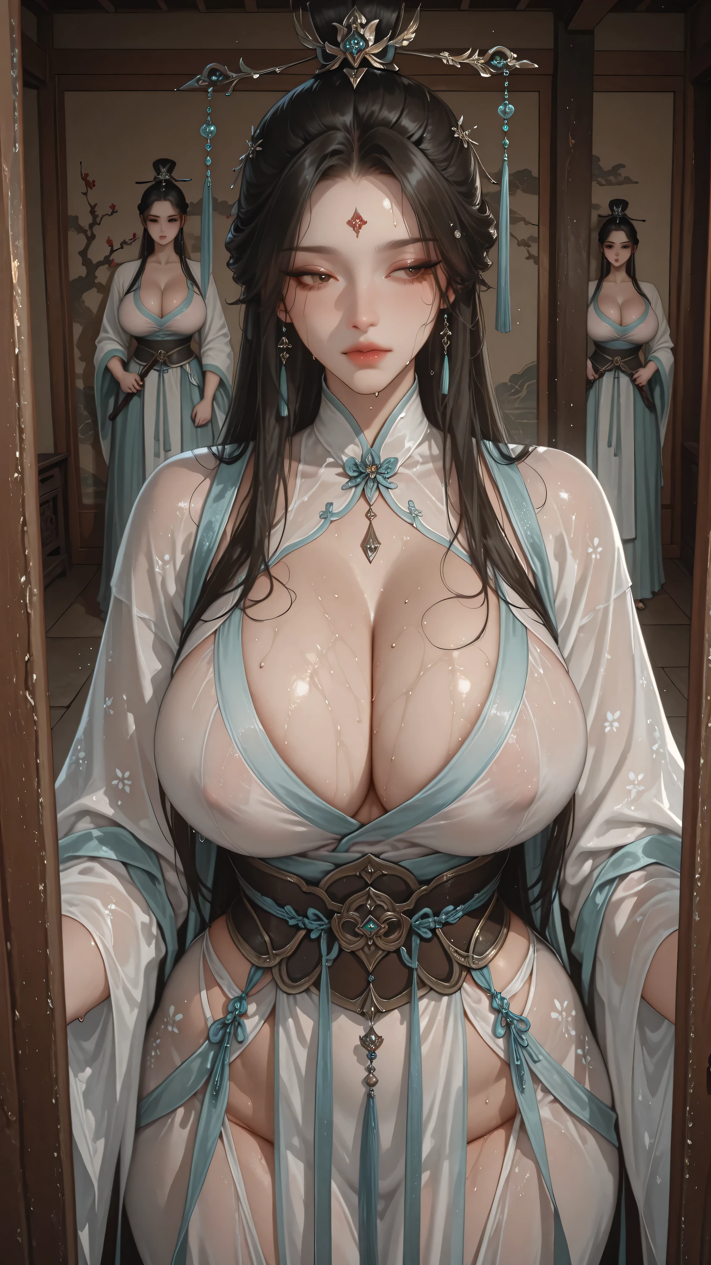 antiquity，Female Warrior，Mother，cartoon，comics，Big Breasts Big Butts，Hanfu，薄薄的Hanfu，8k，high quality，Exposed，Fascination，Fine，Sweat，Conceal，Lu Xueqi，Obscene Female Beautiful Breasts，Obscene Fat Breasts，Ultrafast