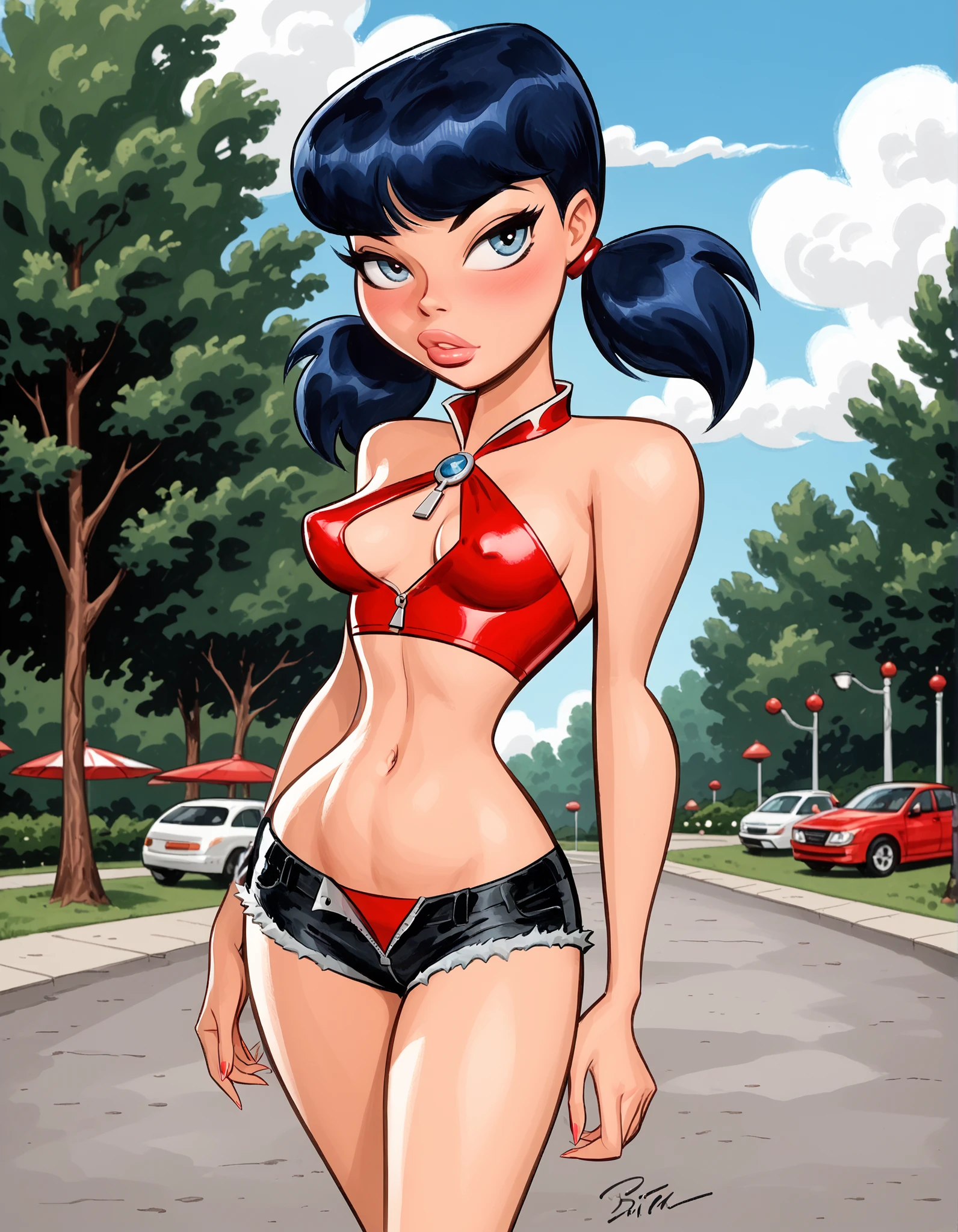 score_9, score_8_over, score_7_over, masterpiece, high quality, faded colors, faded style, A drawing of Marinette dupain cheng very thin Bruce Timm style, a petite girl, bangs, twins, dark blue hair, pigtails, full lips, faded blue eyes, pretty face, medium breasts. Young petite girl, Beautiful and underdeveloped body, thin legs, thin arms, Extremely thin, she is standing in the park, wearing micro shorts with the zipper open and a mini top. Nsfw