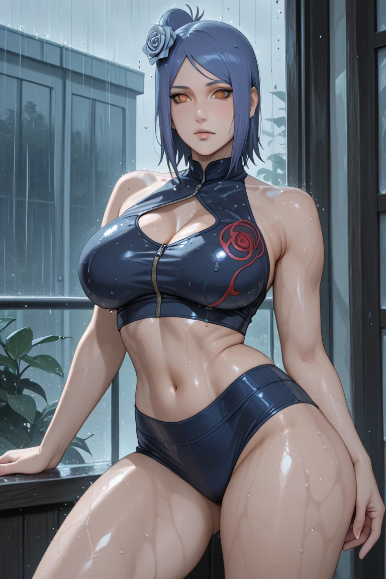 Motoko Kusanagi from anime Ghost in the Shell, inverted bob hair, (messy hair:0.3), dark blue hair, ponytail, fitness , (sweating:1.2), exhausted, (steam from body:0.5), intricate detail, depth of field, backlighting, (masterpiece), (high details), award winning, high quality, best quality, 8k, sitting, floor, bedroom, looking at the viewer, romantic