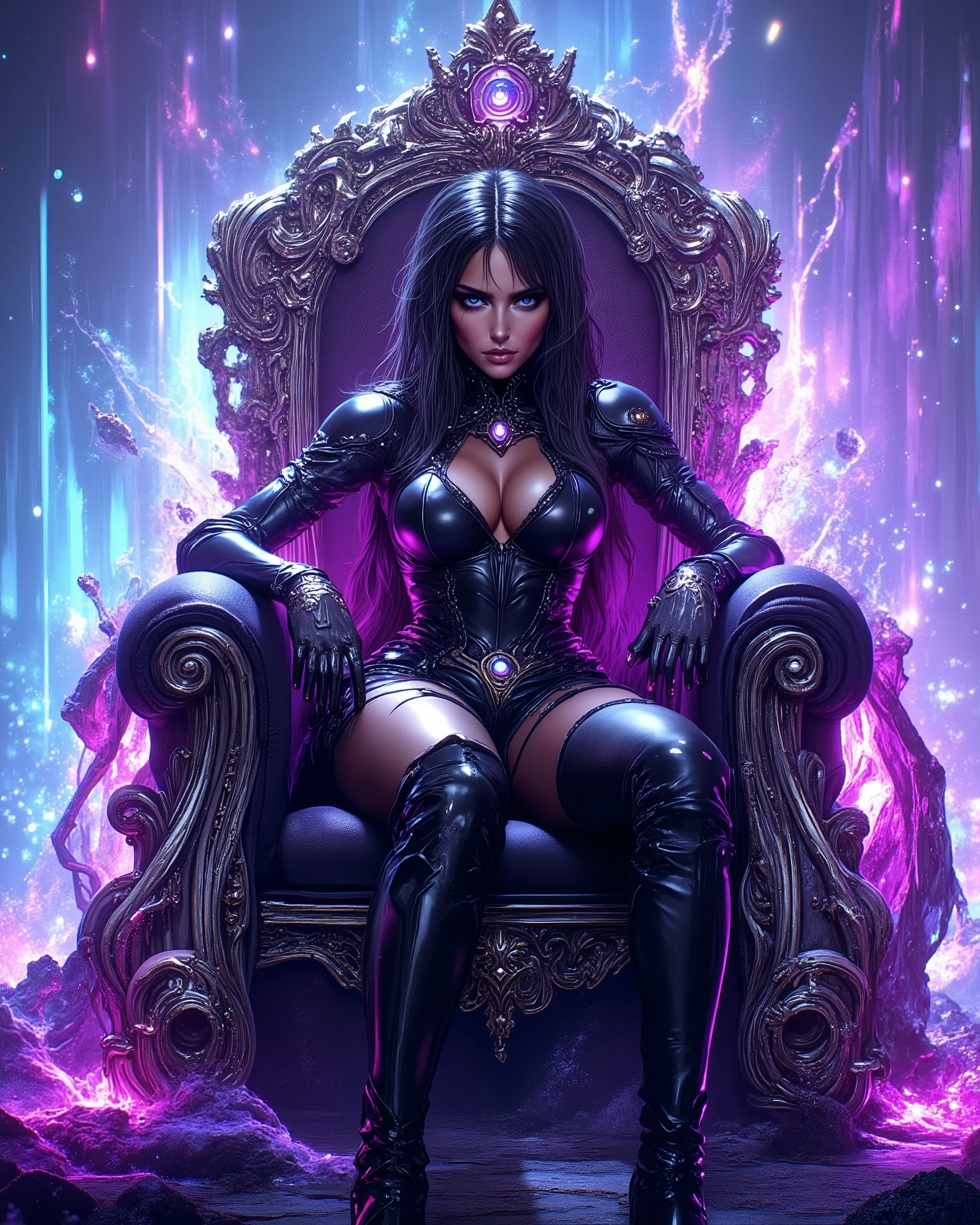 In a world where technology and royalty converge, she is the supreme ruler. Seated on a minimalist throne made of holographic crystal, her attire defies the norm: a metallic bodysuit with purple and silver accents, paired with thigh-high boots with cyberpunk details. Her skin shimmers with futuristic reflections, highlighted by the beams of neon light that surround her. Her hair is black as night itself. Her eyes are blue as sapphires. Her European features are strong yet delicate. Her body is perfect, with large breasts, a small waist, and wide hips. Transparent glasses with light-up circuitry rest on her head, and her long leather gloves give her an air of lethal sophistication. Around her, floating screens project her image, as if all of humanity surrenders to her presence. Her gaze is that of a visionary, ready to rule a new world. Alta resolución, Obra maestra, Preciso, Anatómicamente correcto, Premiado muchas veces, La mejor calidad, Muy detallado, Detalles altos, Piel texturizada, Alta calidad, Modelo HD, 