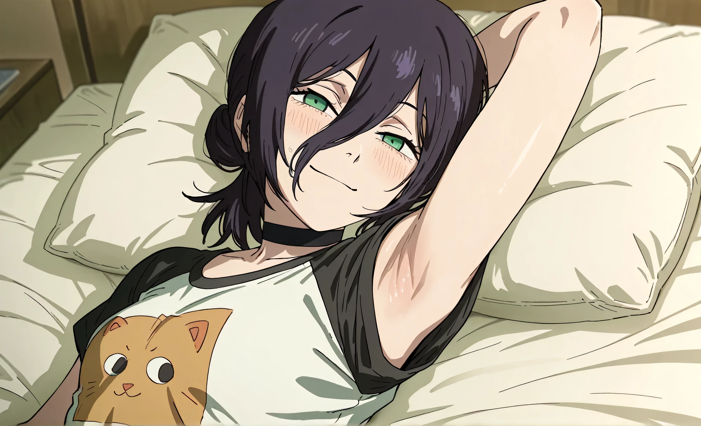 masterpiece, best quality, amazing quality, anime screencap, anime coloring, 1girl, solo, rezeanime, anime, chainsaw man, reze \(chainsaw man\), green eyes, medium hair, hair between eyes, single hair bun, choker, two-tone shirt, very short sleeves, arm behind head, armpit, armpit focus, head towards viewer, looking at viewer, smile, narrowed eyes, blush, closed mouth, lying in bed, from side, from above, pillow 