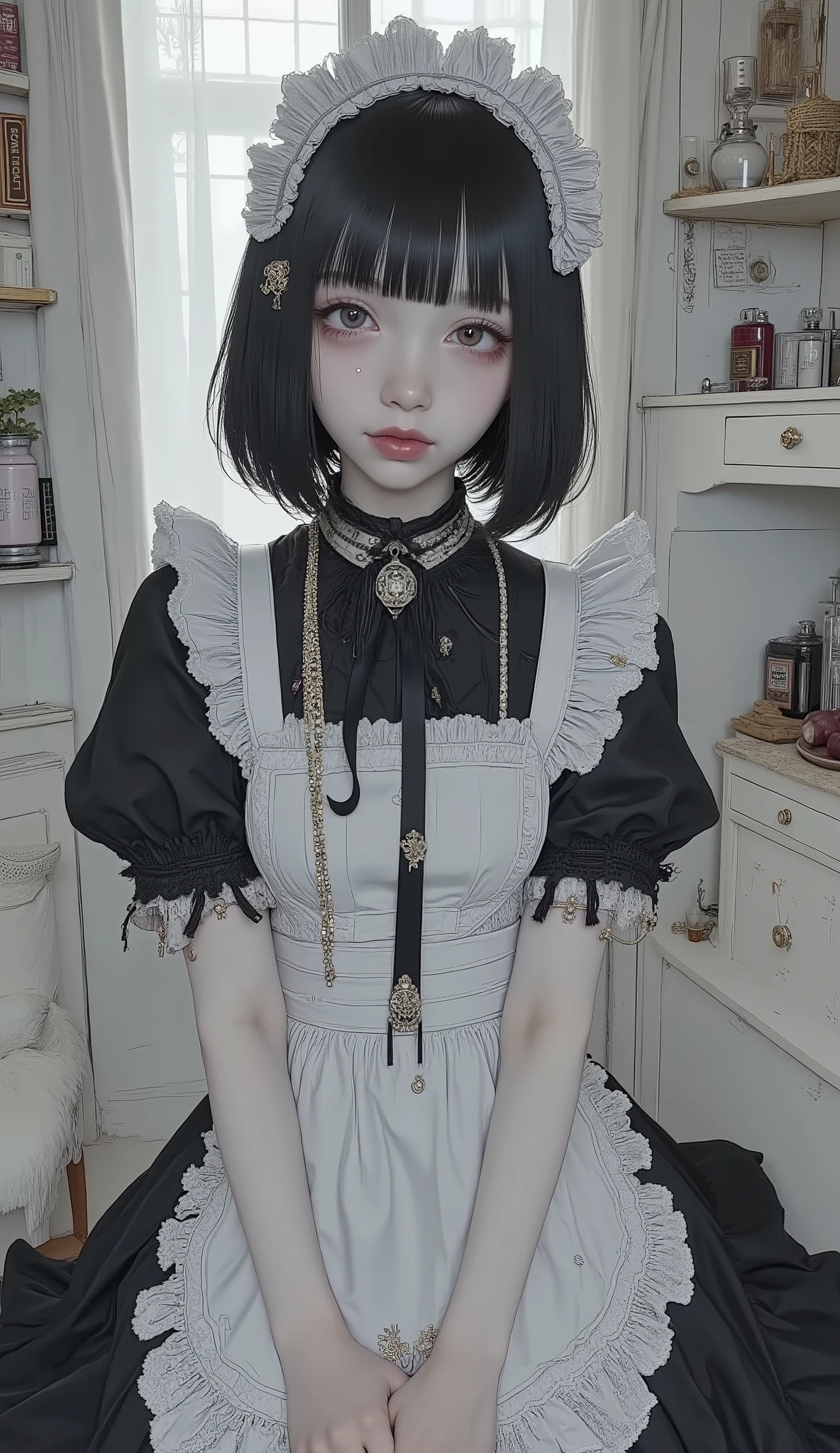there is a woman with a black and white dress and a white hat, anime girl in a maids costume, catboy cosplay! maids! dress, 17歳のアニメゴス lori少女, Anime Girl Cosplay, maids outfit, lori, Anime Cosplay, gorgeous maids, maids, anime girl in real life, black home cut hair, gothic maidsen anime girl