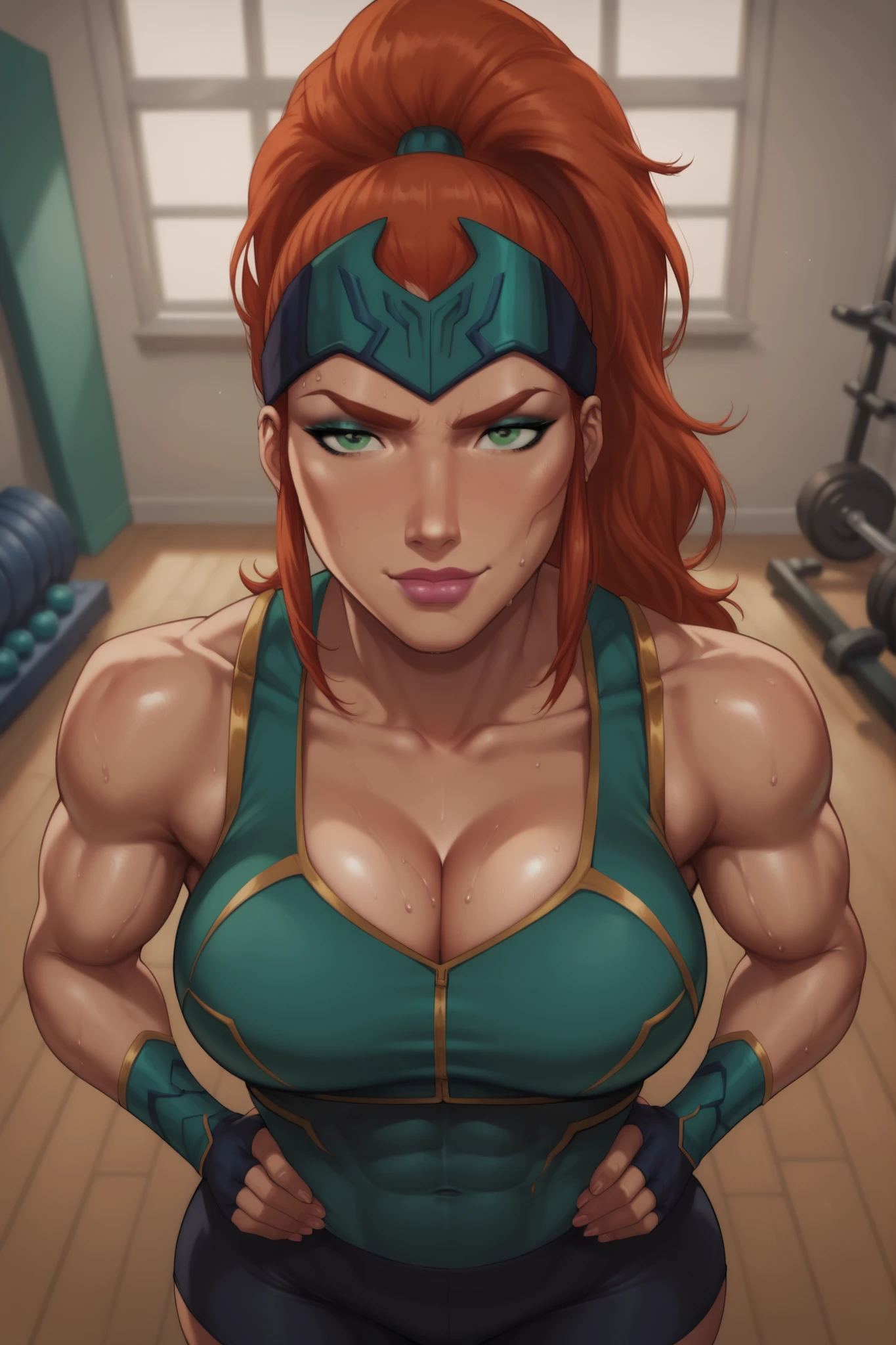 BREAK, score_6_up, score_9, score_8_up, score_7_up, high quality, masterpiece, Mera, 1girl, solo, forehead protector, green eyes, red ginger hair, high ponytail, muscular female, large breasts, cleavage, curvy, athletic, long hair, hair pulled back, pink lipstick, makeup, looking at viewer, seducing viewer, teasing viewer, smile, closed mouth, seductive expression, bedroom eyes, busty, turqouise sports bra, turquoise gym shorts, turqouise fingerless gloves, indoors, gym, standing, portrait, upper body, closeup, high-angle view, aqua blue eyeshadow, hands on waist, sweaty, sweat drops