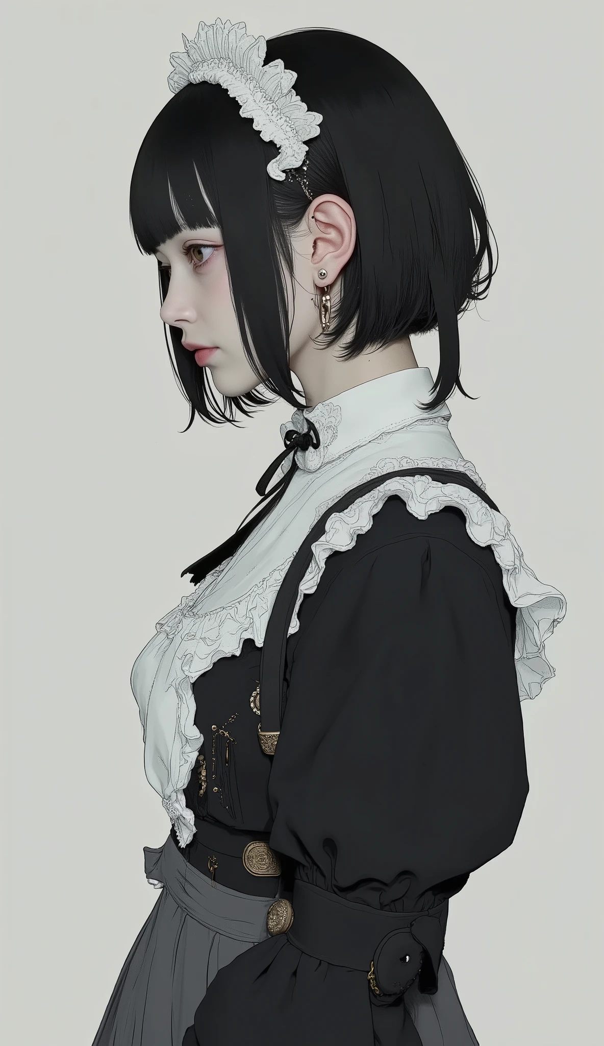 profile、The image depicts a person wearing classic maid attire, It features a black dress with prominent white ruffle accents along the neckline and shoulders. has a black ribbon around the neck, hangs gracefully on the front. The dress is adorned with white ruffles, creates a sharp contrast with the dark fabric, gives the costume a traditional French maid aesthetic. Lace headpiece, The outfit is styled with a decorative pattern、accented with a black ribbon, Looks great with the outfit, on short black hair. The setting looks neutral, soft, It has a calm background to focus on fine clothing styles and accessories. The overall vibe is formal and vintage, It gives a sense of classic elegance and refined simplicity.