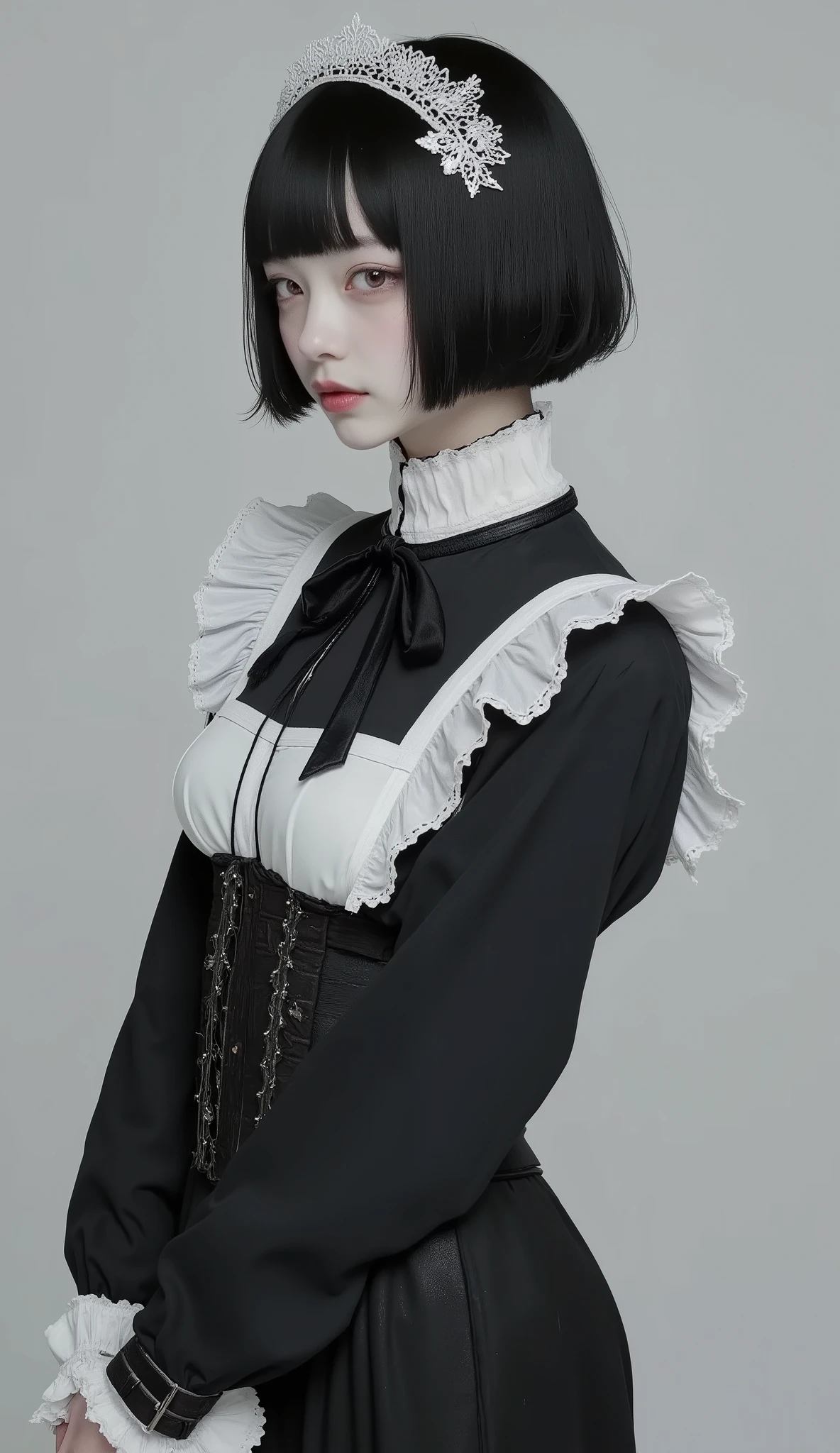 profile、The image depicts a person wearing classic maid attire, It features a black dress with prominent white ruffle accents along the neckline and shoulders. has a black ribbon around the neck, hangs gracefully on the front. The dress is adorned with white ruffles, creates a sharp contrast with the dark fabric, gives the costume a traditional French maid aesthetic. Lace headpiece, The outfit is styled with a decorative pattern、accented with a black ribbon, Looks great with the outfit, on short black hair. The setting looks neutral, soft, It has a calm background to focus on fine clothing styles and accessories. The overall vibe is formal and vintage, It gives a sense of classic elegance and refined simplicity.