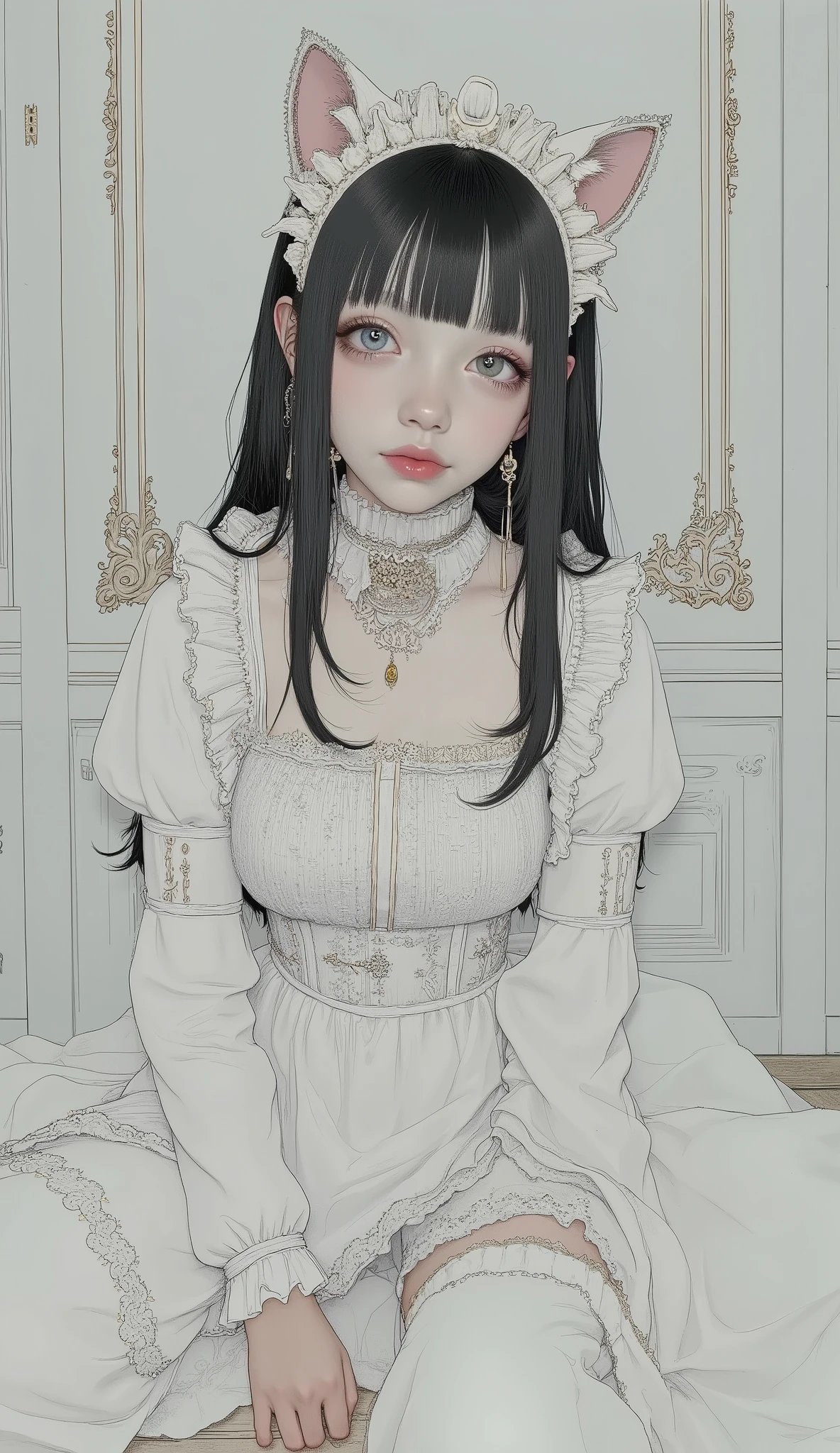 arafed woman in a costume sitting on the floor with a white ドレス, コスプレ of a catboy! メイド! ドレス, メイド outfit, anime girl in a メイド costume, コスプレ, anime girl コスプレ, ornate コスプレ, anime コスプレ, gorgeous メイド, コスプレ photo, anime cat girl in a メイド costume, メイド ドレス, elegant glamourous コスプレ
