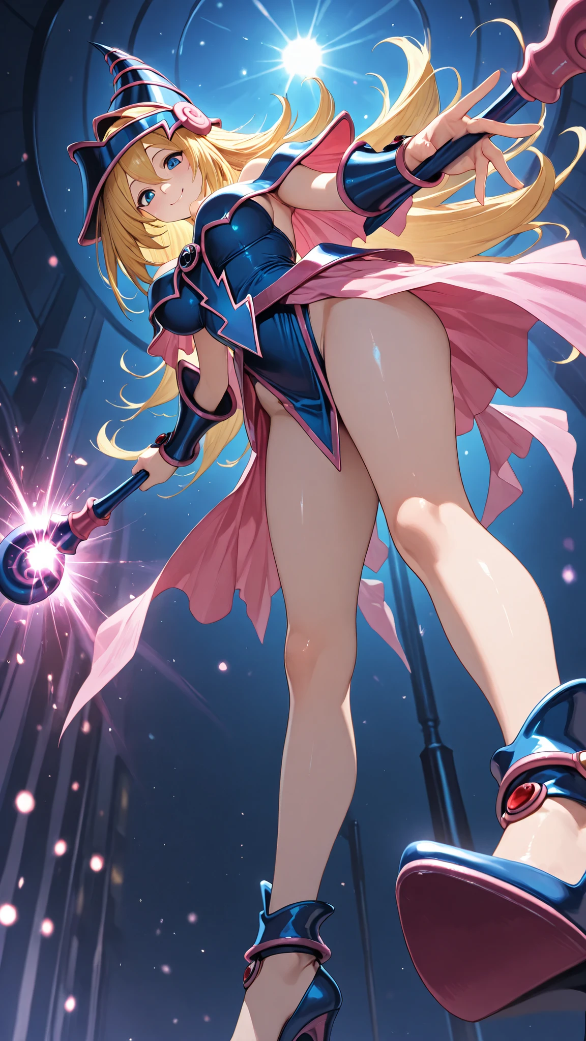 Darck Magician Girls in a World of Ice/Queen of the Ice Kingdom/ ,(masterpiece, Más high quality:1.2), 1girl, Alone/　　(Mogrify Magic/Second-rate)masterpiece, Más high quality, high quality, amazing comPOSITION, Alone, Darck Magician girls  ,Alone,beautiful queen, standing on one leg,,  Trampling , lift legs, focus on your feet, from below, /Alone, , flirty,light,Smile Yan,  definition , looking down,long hair,high heels,Dress,,blue eyes,cabello azul ,Disconnect,白いhigh heels,shiny Dress,with feet looking at the spectator (POSITION:center), seen from below and Close-up (perspective:low angle, Close-up), 