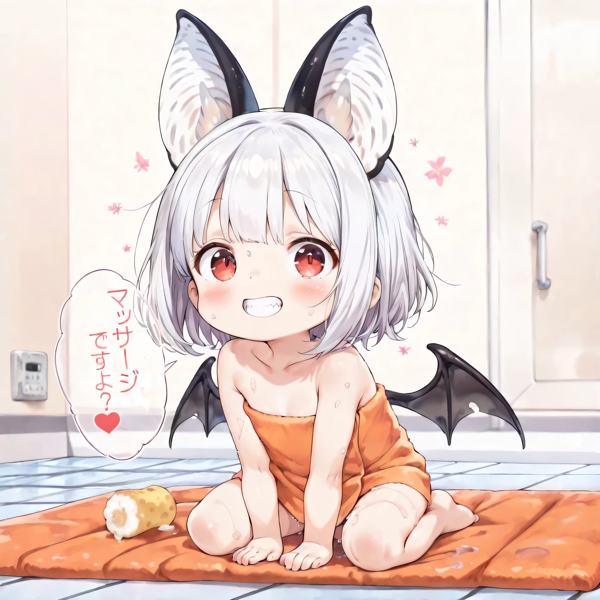 chibi, mesugaki, chibi only、(1 person:1.4)、2.5 heads tall、 bat girl 、black bat ears、is open with bat wings on its back、red eyes、white bob hair、Concealed Hair、baby face、Blush、grin、double teeth、(Sit straight on an air mat)、Sponge in hand 、wrap an orange towel around your body、Large air mat、in the tiled room、masterpiece、Highest Quality、Detailed、anime style、