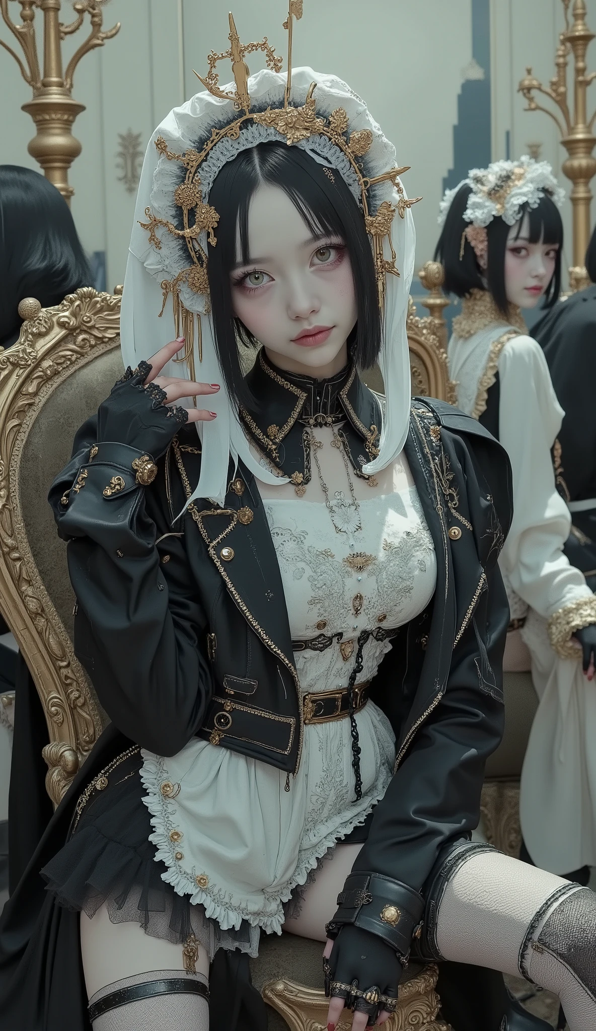 SeaArt Bot featuring multiple intricate decorations and textures
upscaling
Studios
11:01:33、There are people wearing elaborate, detailed black and white maid-style costumes、who wears a black leather riders jacket over his costume. The costume is mostly black with white accents, The headpiece has frills and frills and, Dress sleeve, and裾. The gold line and star embellishments add a decorative touch to the ensemble, gives a sense of elegant elegance. This costume includes large ones, A white headpiece with a veil like extension, and、focused on a sophisticated blend of Victorian and Gothic-inspired motifs. moreover, The wearer has a thigh I'm wearing tall stockings, has a white lace design on the top, , which features multiple intricate embellishments and textures, enhances the shiny texture of the costume. The vibe is cosplay or themed setting, I'm wearing a long armband with a matching bow。. The composition is、It highlights the close attention to detail in the costume design.Listless、smokes cigarettes、looks up at the sky、