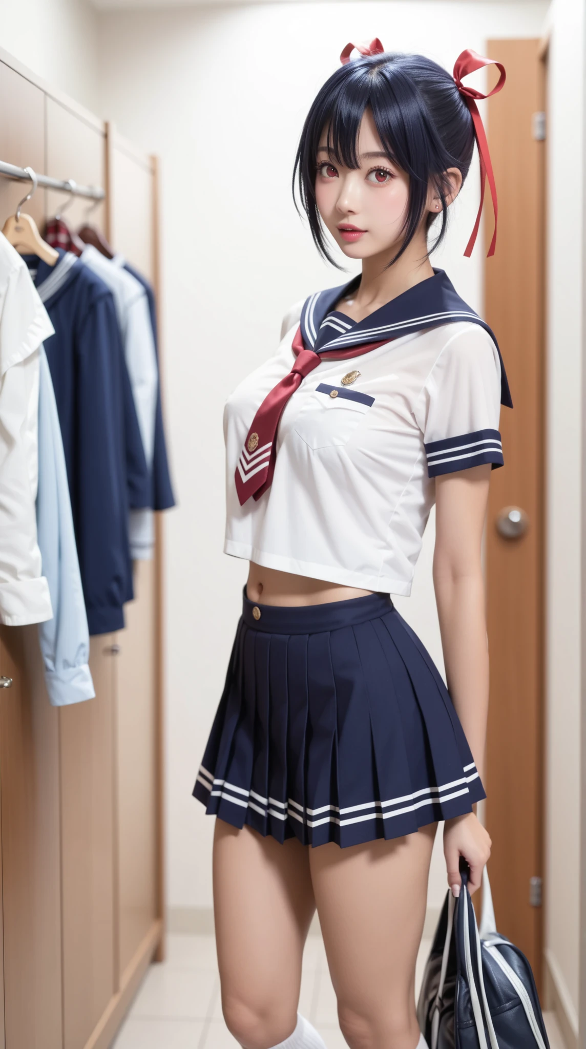 (((nsfw masterpiece))), Highest Quality, high resolution, very detailed、Seishiro Tsugumi、Short Height、sexy、Developed breasts、wonderful hairstyle、red eyes、ribbon、ヘアribbon、青いribbon、Knee Socks、uniform、white shirt、pleated skirt、 necktie、 sailor suit next to the eye、 sailor color、赤いribbon、青いsailor color、school changing room、(((Changing clothes)))
