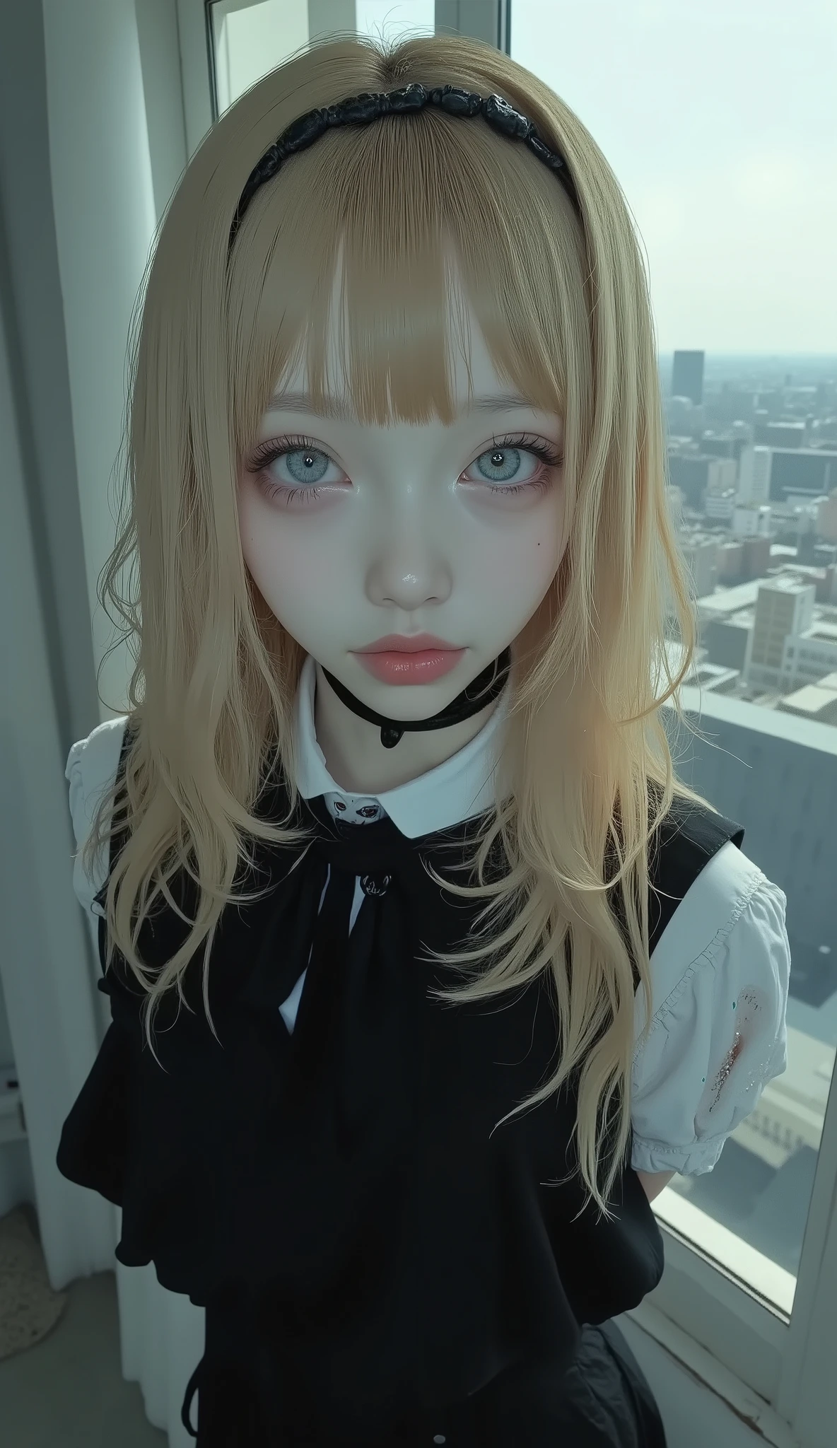 Blond woman in a black dress with blue eyes standing in front of a window, princess cut, with short hair, with short hair with bangs, 白いprincess cutの髪型, 青white skin!!, with bangs, neat hair with bangs, full bang, 🤤 Portrait of a Woman, long bang, {x} she looks like she mixed with Grimes, white skin, Pale Goth Beauty